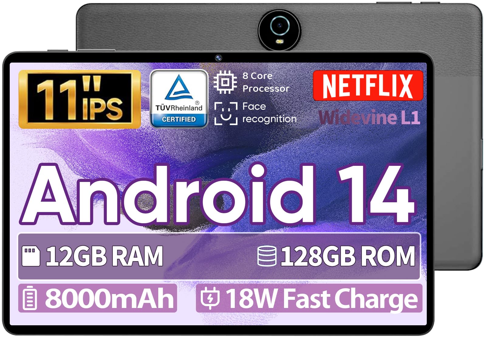 JIKOCXN 11  Tablet, Android 14 with Octa-core Processor, 12GB+128GB, 1TB Expandtion, 8000mAh Battery, IPS Large Display, BT5.0, 