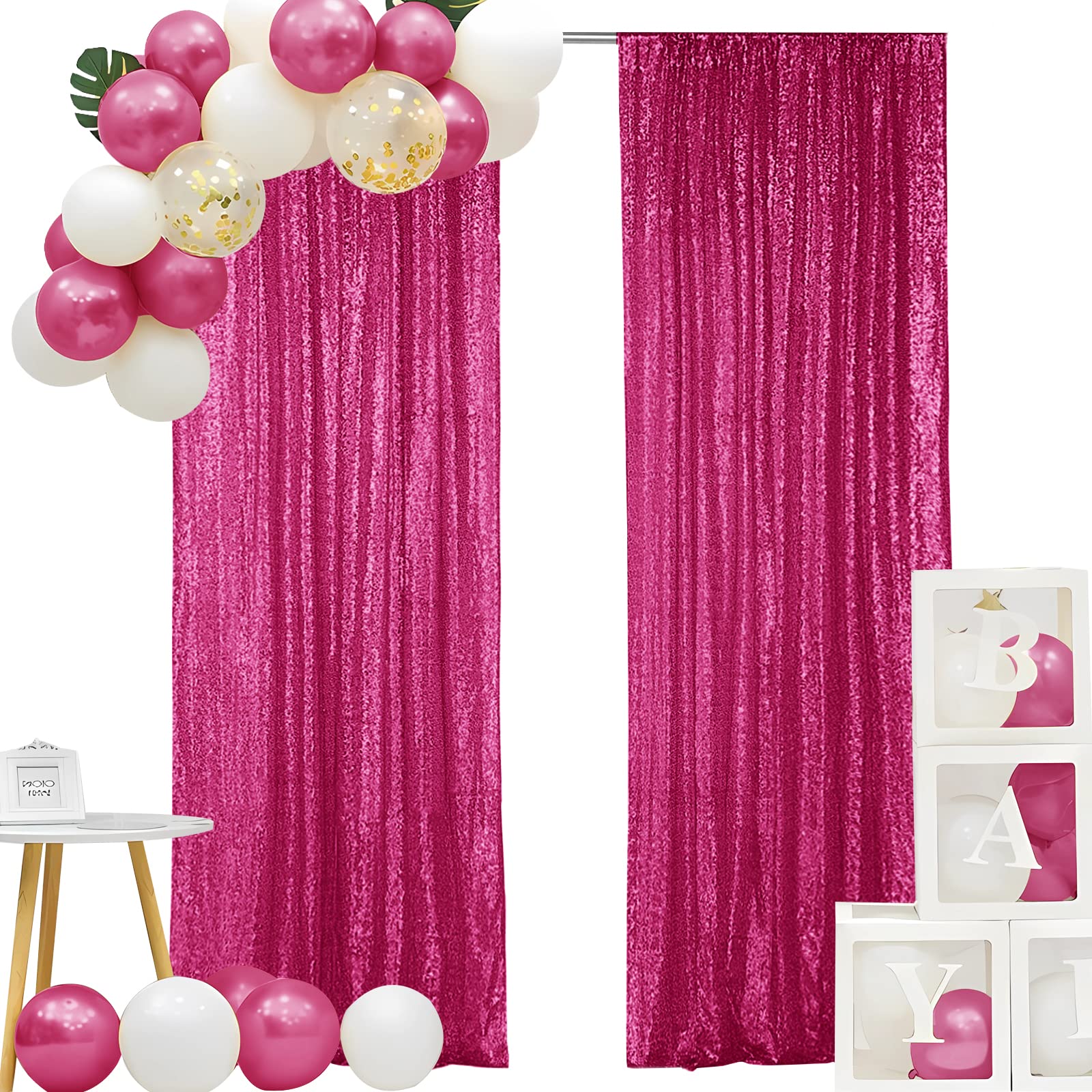 Hahuho Fuchsia Sequin Backdrop Curtain, 4Pcs 2Ftx8Ft Glitter Backdrop Curtain For Parties, Christmas, Wedding, Party Decoration(