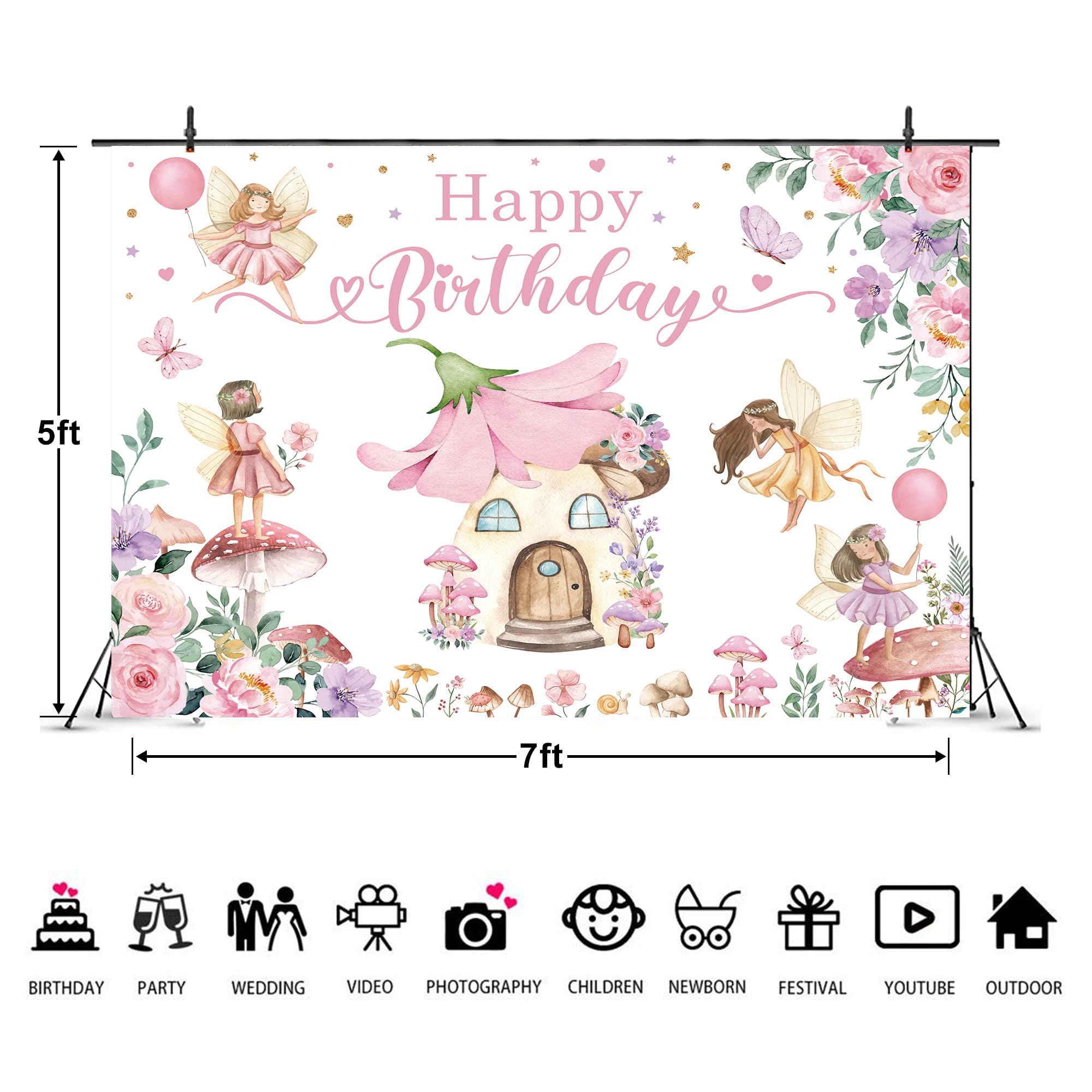 Imirell Fairy Birthday Backdrop 7Wx5H Feet Girls Floral Butterfly Mushroom Wonderland Polyester Fabric Watercolor Cartoon Nurser