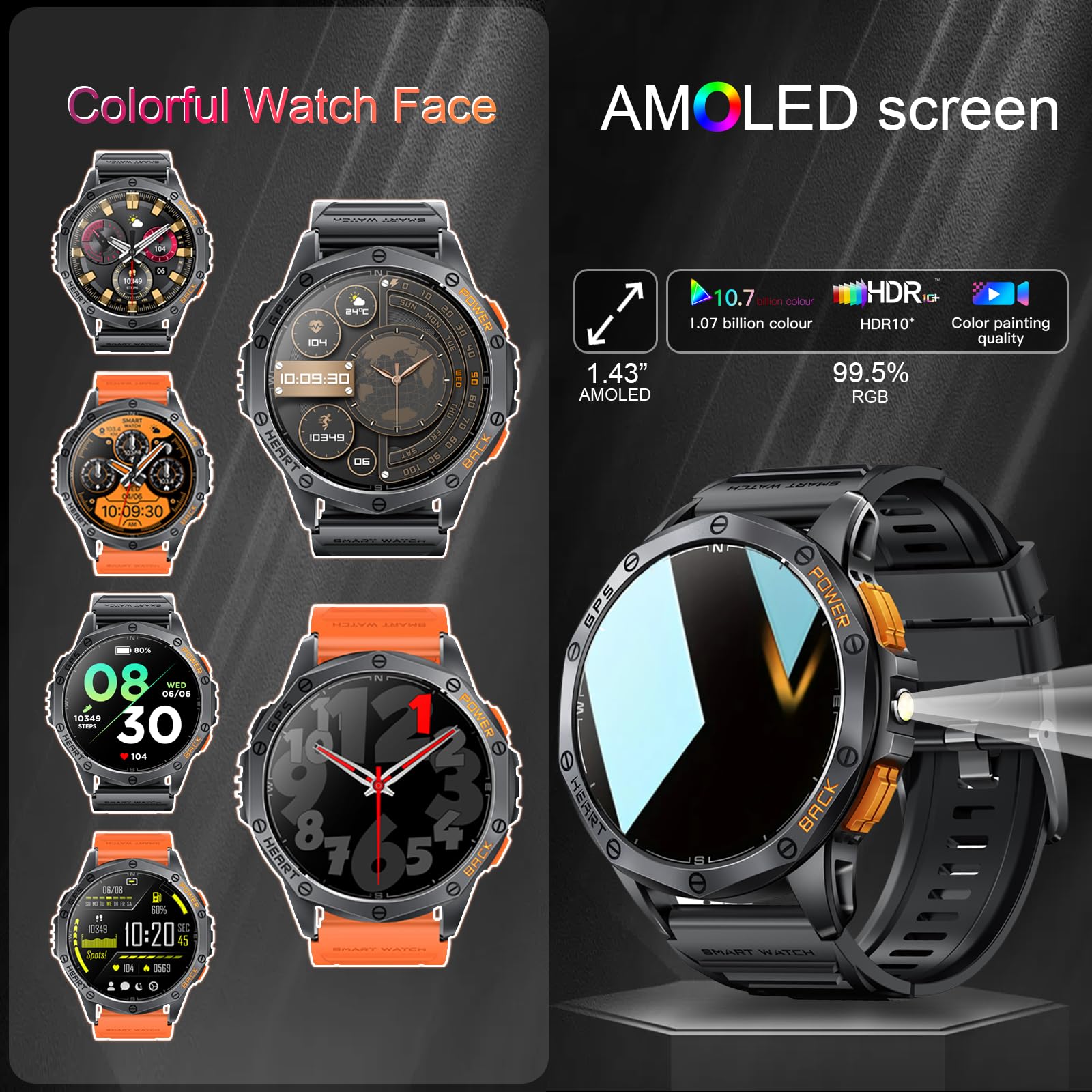 Military Smart Watches Built In Gps, 170+ Sport Modes For Men With Flashlight, Smartwatch For Android Phones And Iphone, 1.43''