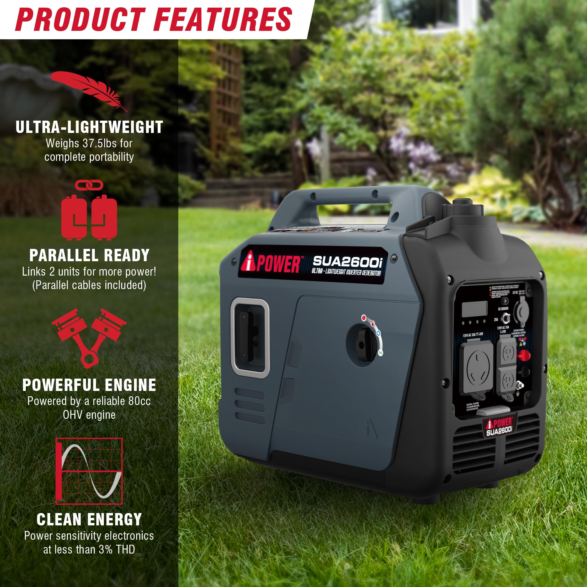 A-Ipower Quiet Inverter Generator, 2600W Rv Ready, Epa & Carb Compliant Co Sensor, Portable Ultra-Light Weight For Backup Home U