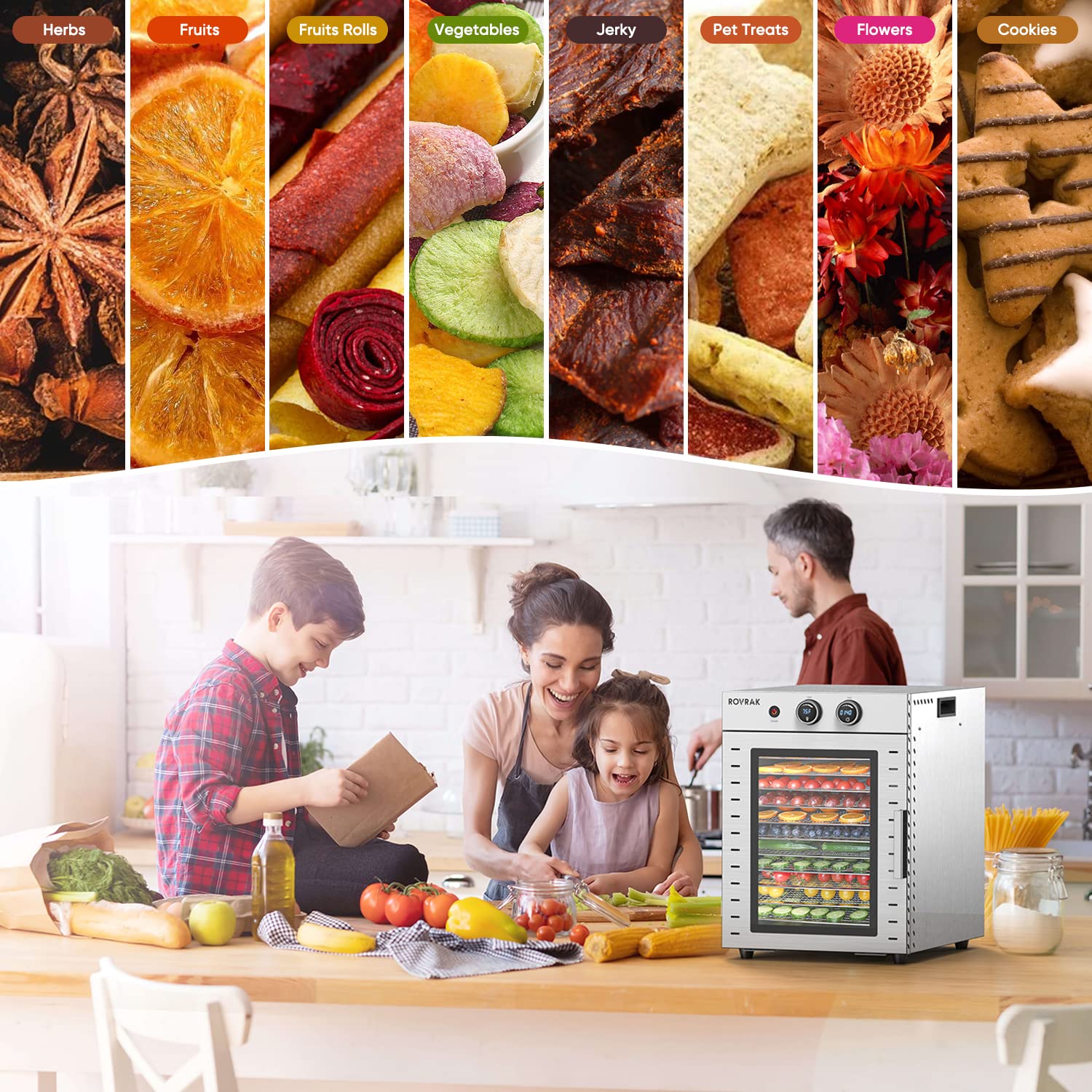Rovrak Food Dehydrator For Jerky, Fruit, Meat, Herbs, 12 Tray Stainless Steel Dehydrator Machine, Double Layer Insulation, Adjus