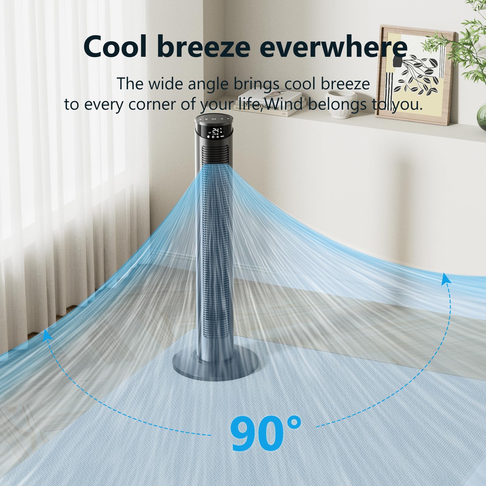 Cih Tower Fan 37 Inch,24Ft/S Velocity Quiet Oscillating Bladeless Fan 6 Speeds With Remote,4 Modes,Led Display,7.5H Timer,Grey F