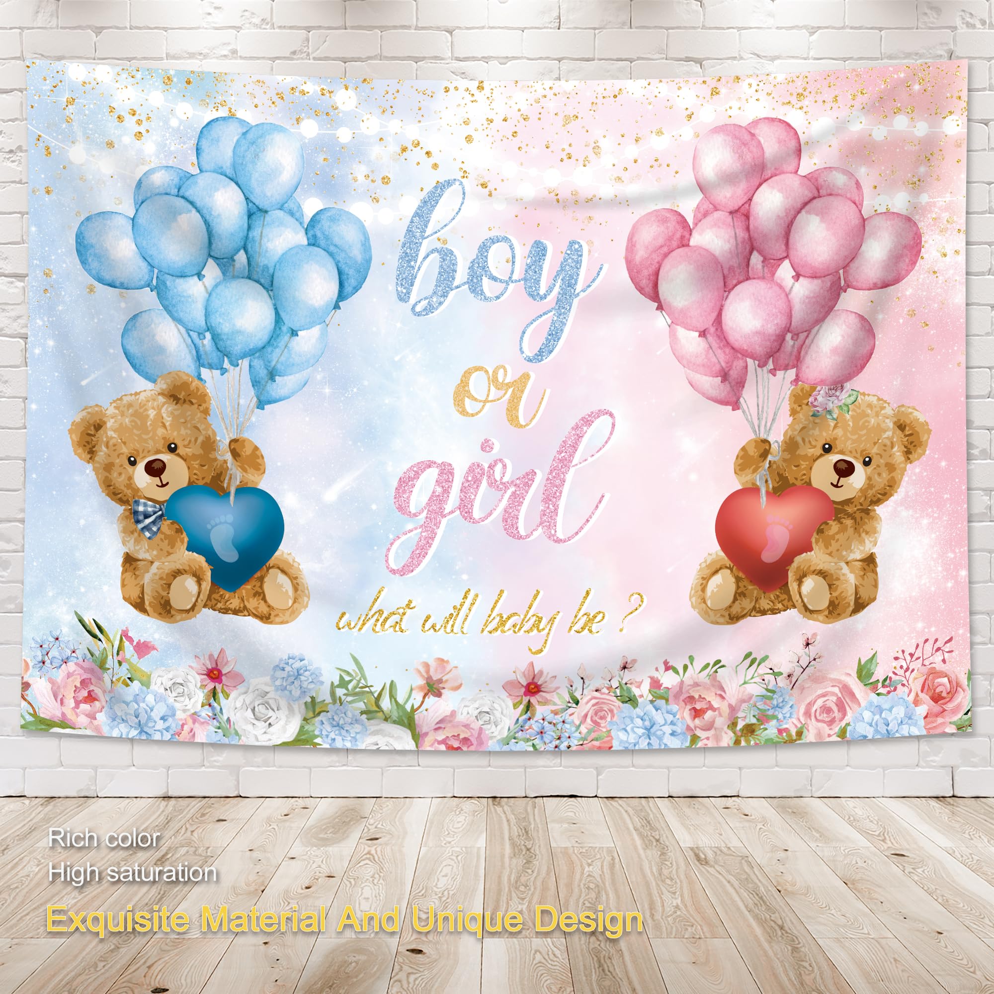 Omifly Bear Gender Reveal 8Wx6H Backdrop For Photography Boy Or Girl Pink Blue Balloon Floral Rose For Newborn Baby Shower Backg