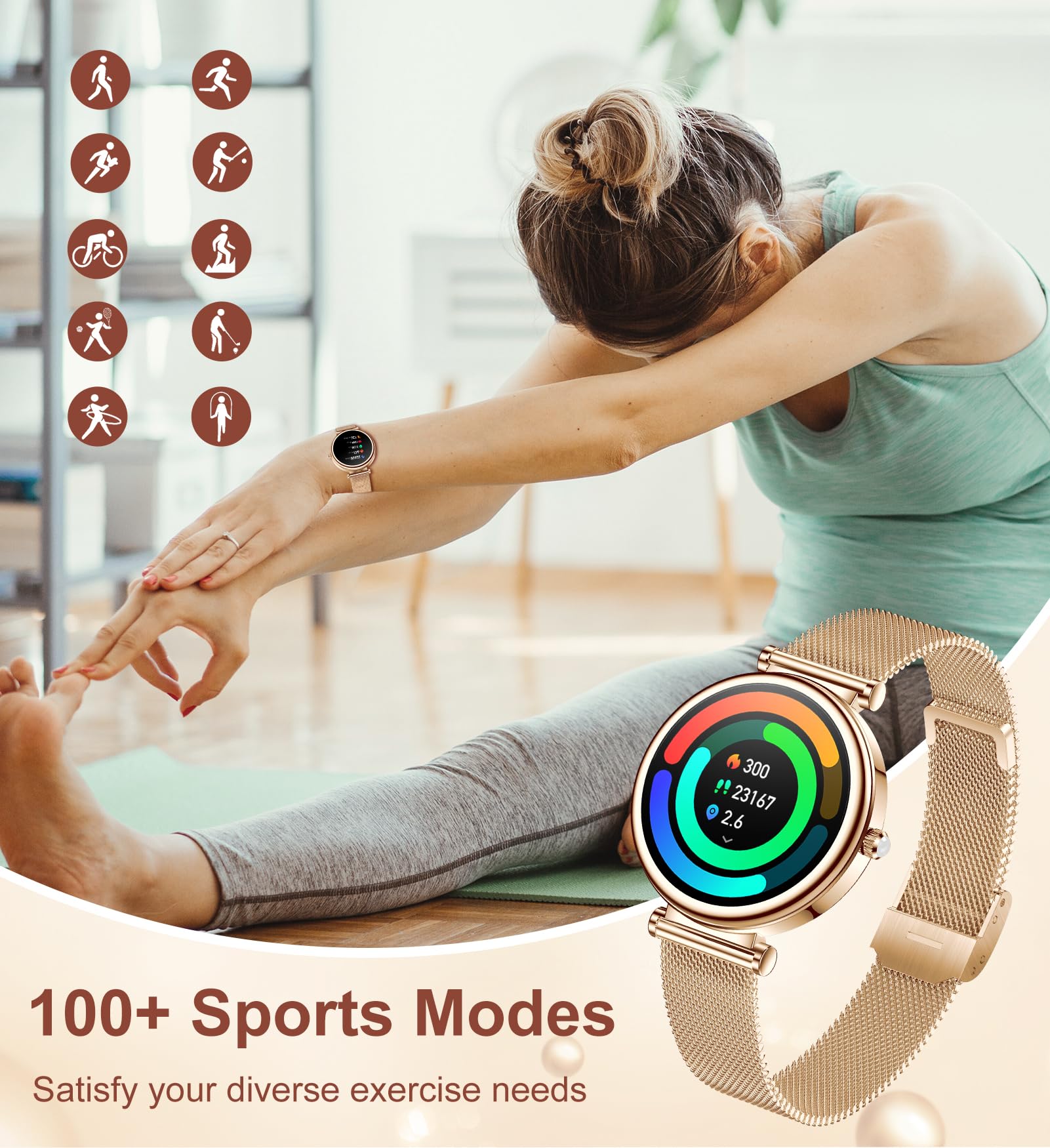 Smart Watch For Women (Answer/Make Calls),1.27 Inch Round Smartwatch With 100+ Sports Modes, Heart Rate/Sleep Monitor Pedometer