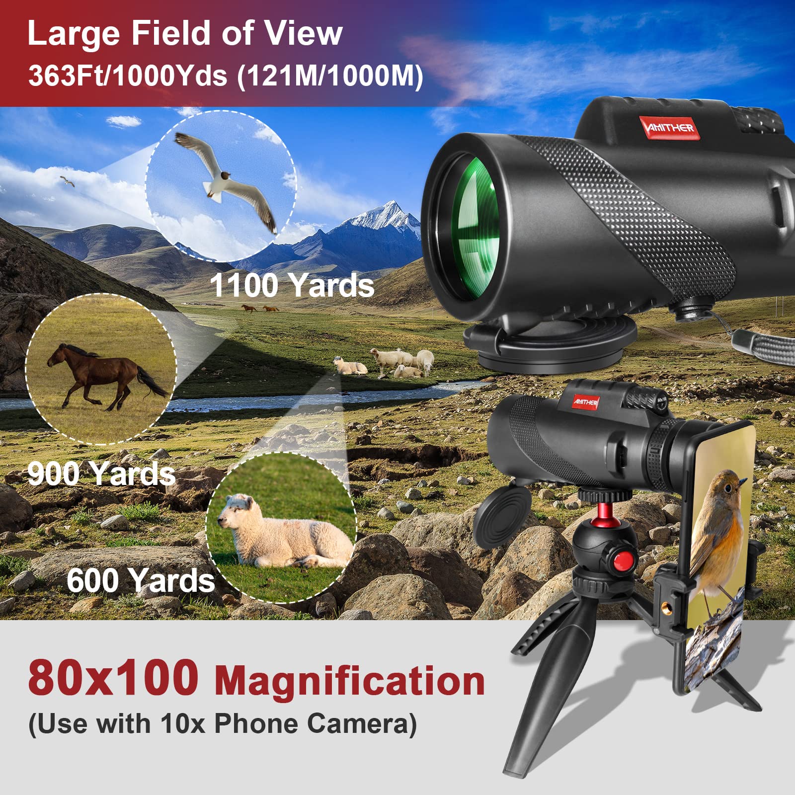 80X100 Monocular Telescope For Smartphones - High Powered Hd Monocular With Tripod & Adapter, Low Light Vision For Adults - For