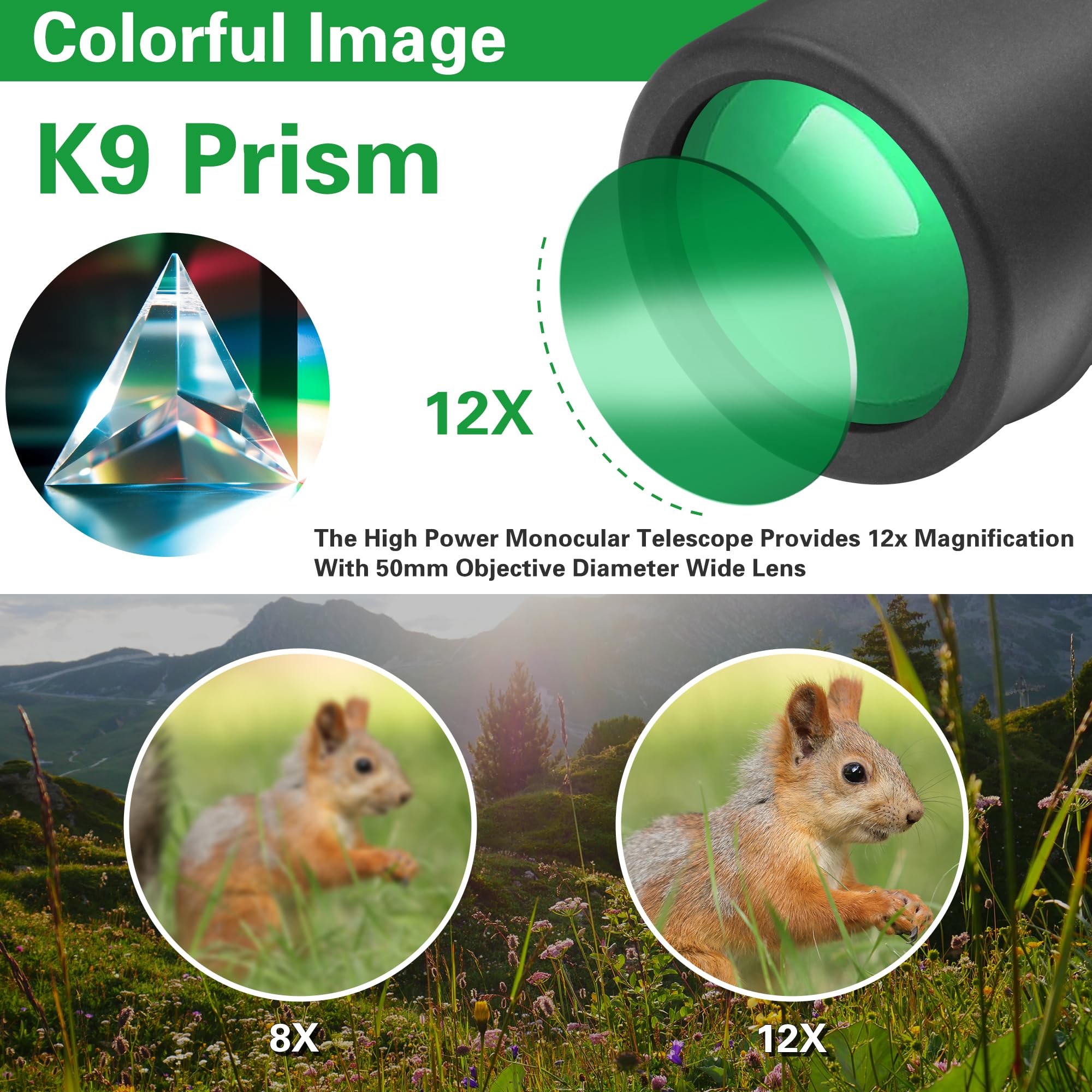 Tydeux 12X50 Handheld Monocular Telescope Bak 9 Prism Monoscope For Bird Watching Hunting Camping Traveling Stargazing Wildlife