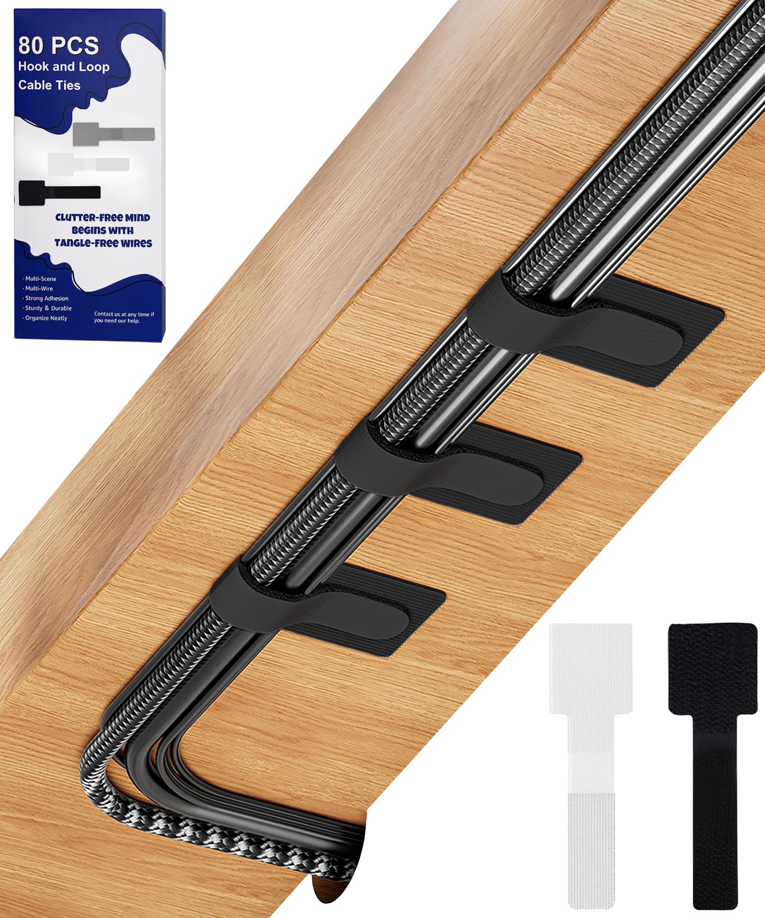80Pcs Hook And Loop Cable Ties, Hook And Loop Cable Straps, Under Desk Cable Management, Adhesive Cable Clips, StickyBack Cord