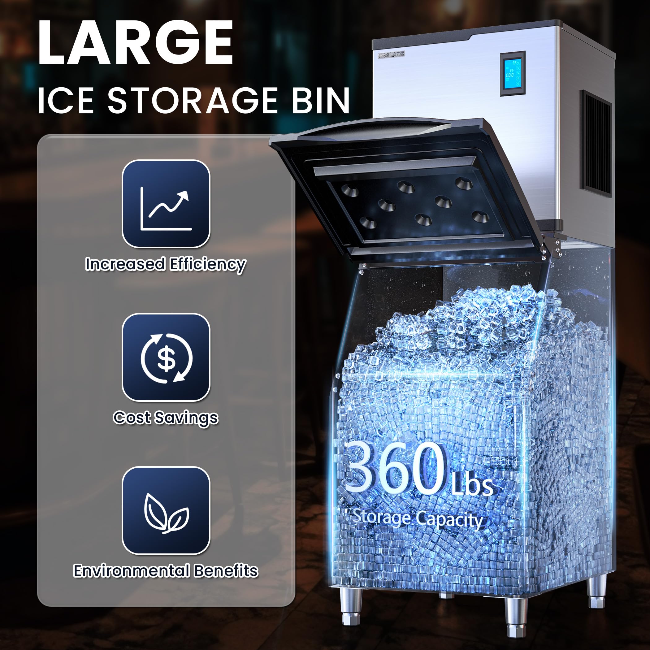 Coolake 360 Lb. Commercial Ice Machine Storage Bin, 26'' Stainless Steel Space Saving Footprint Ice Bin With Convenient Lift-Up