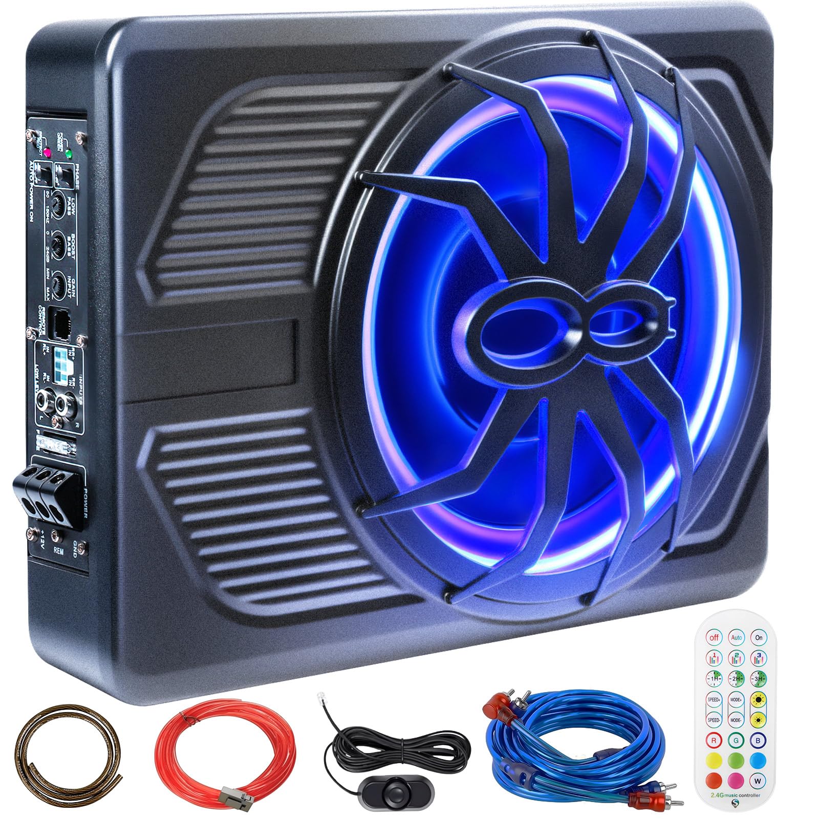 1000W Car Subwoofer with Remote Control, 10 Slim Under Seat Powered Car Subwoofer w/Built-in Amplifier & Hi/Lo Input, Bass Spe