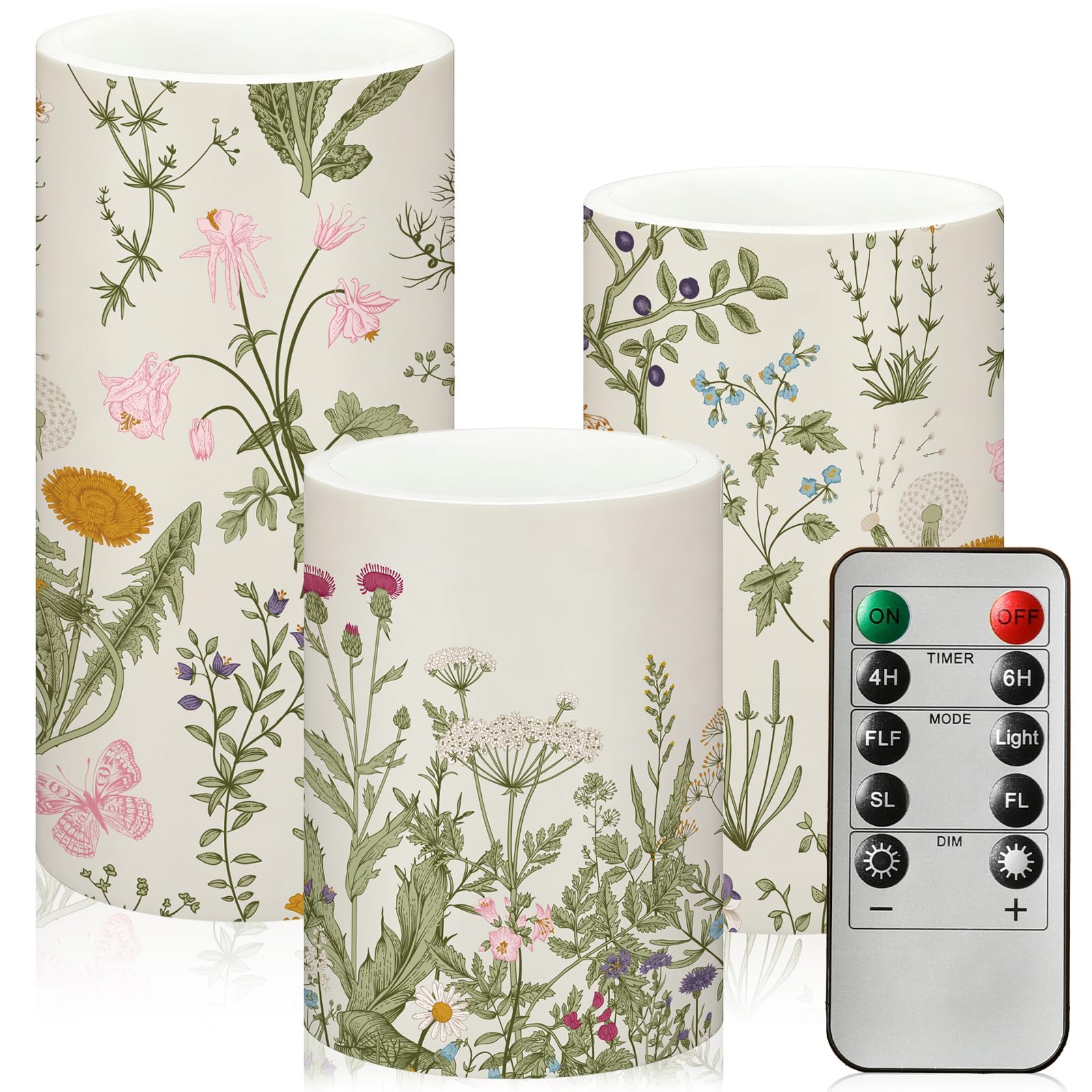 Baquler Wildflowers Floral Glass Flameless Candles with Remote Timer Battery Operated LED Flickering Pillar Spring Summer Butter