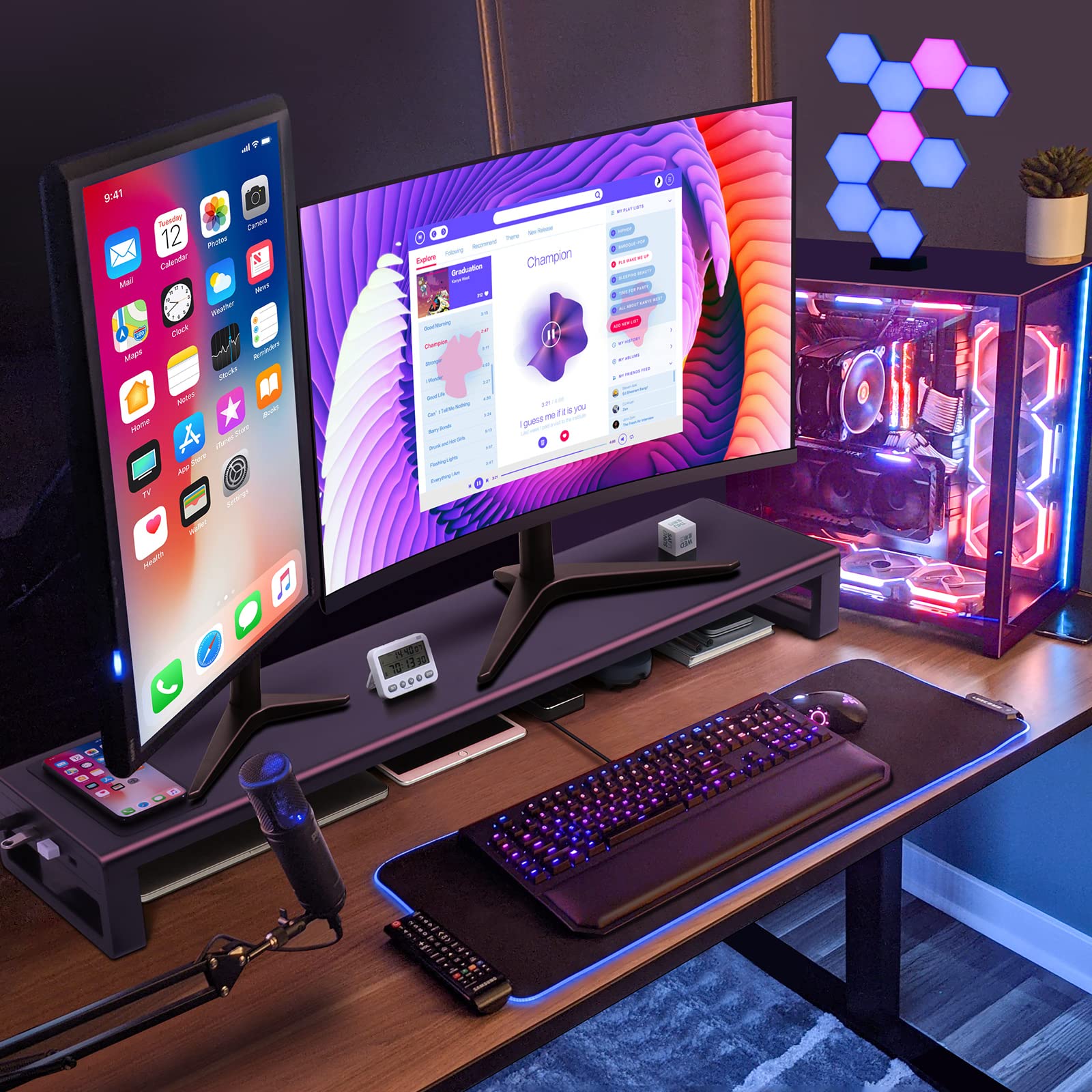 Vaydeer Dual Monitor Stand, Double Monitor Riser With Wireless Charger And 4 Usb 3.0 Hub Ports, Metal Desk Raiser For 2 Monitors