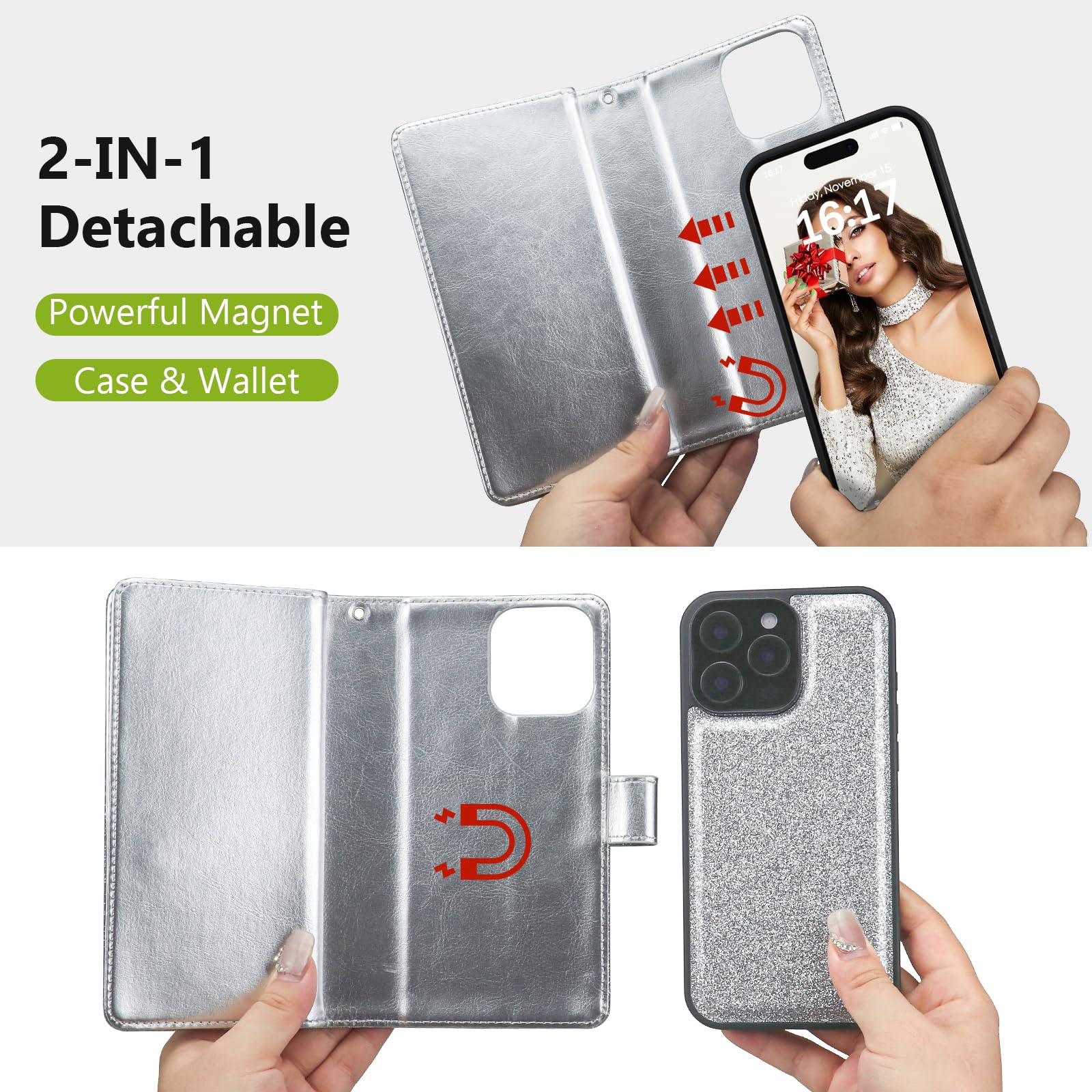 Varikke For Iphone 14 Pro Case Wallet, Iphone 14 Pro Wallet Case For Women With Card Holder & Powerful Magnetic Detachable Case
