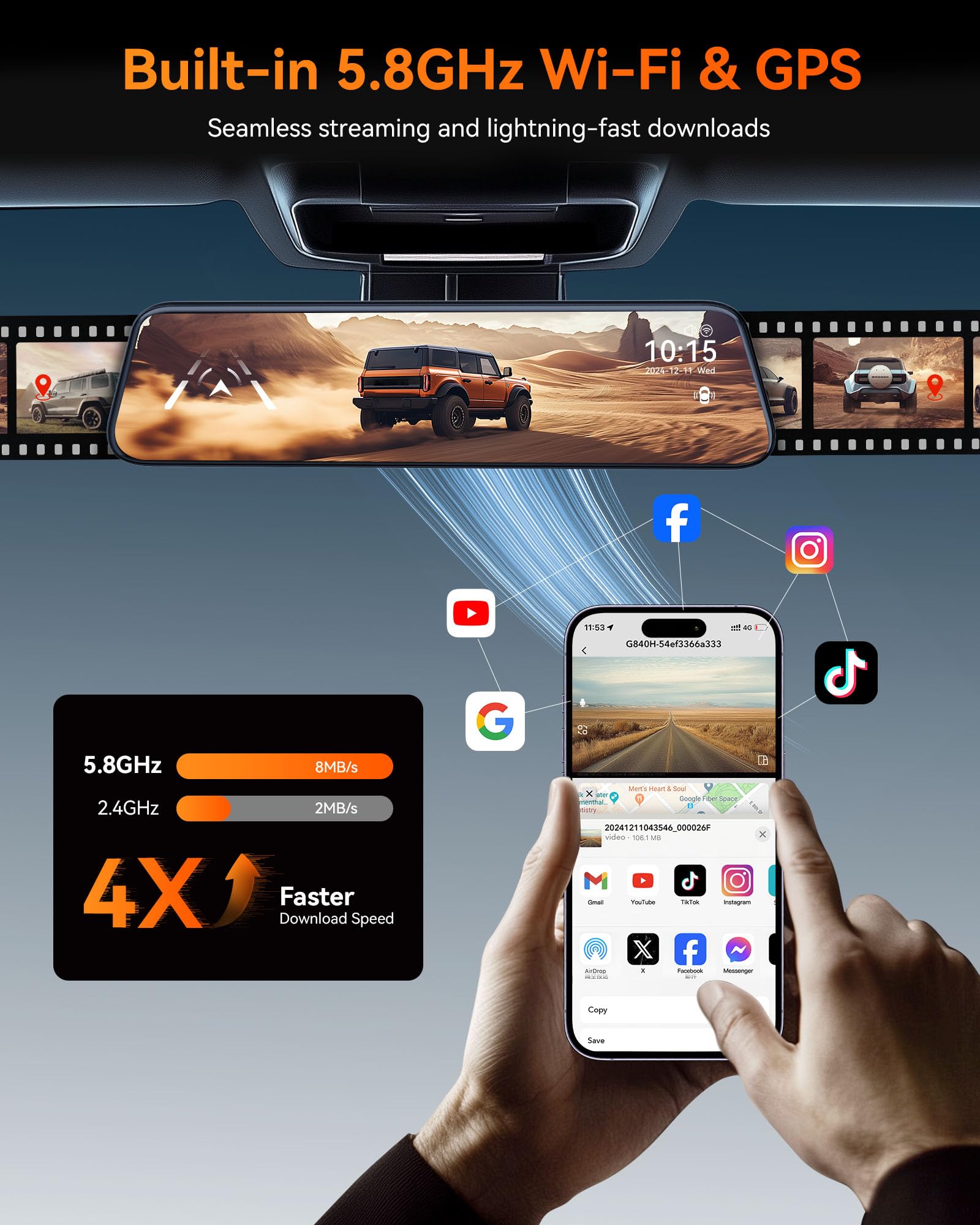 Wolfbox 12 ' ' Mirror Dash Cam With Wifi,2.5K Rear View Mirror Camera With 1080P Rear Camera,Wifi Mirror Dash Cam Front And Rear