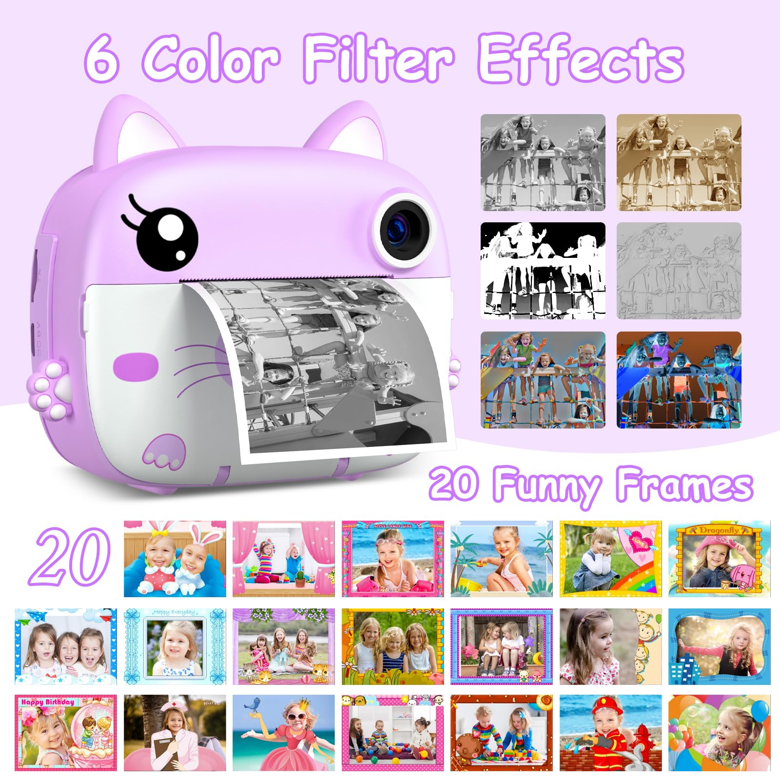 Kids Camera Instant Print,2.5K Digital Video Instant Print Camera For Kids, Selfie Toddler Cameras With No Ink Print Paper & 32G