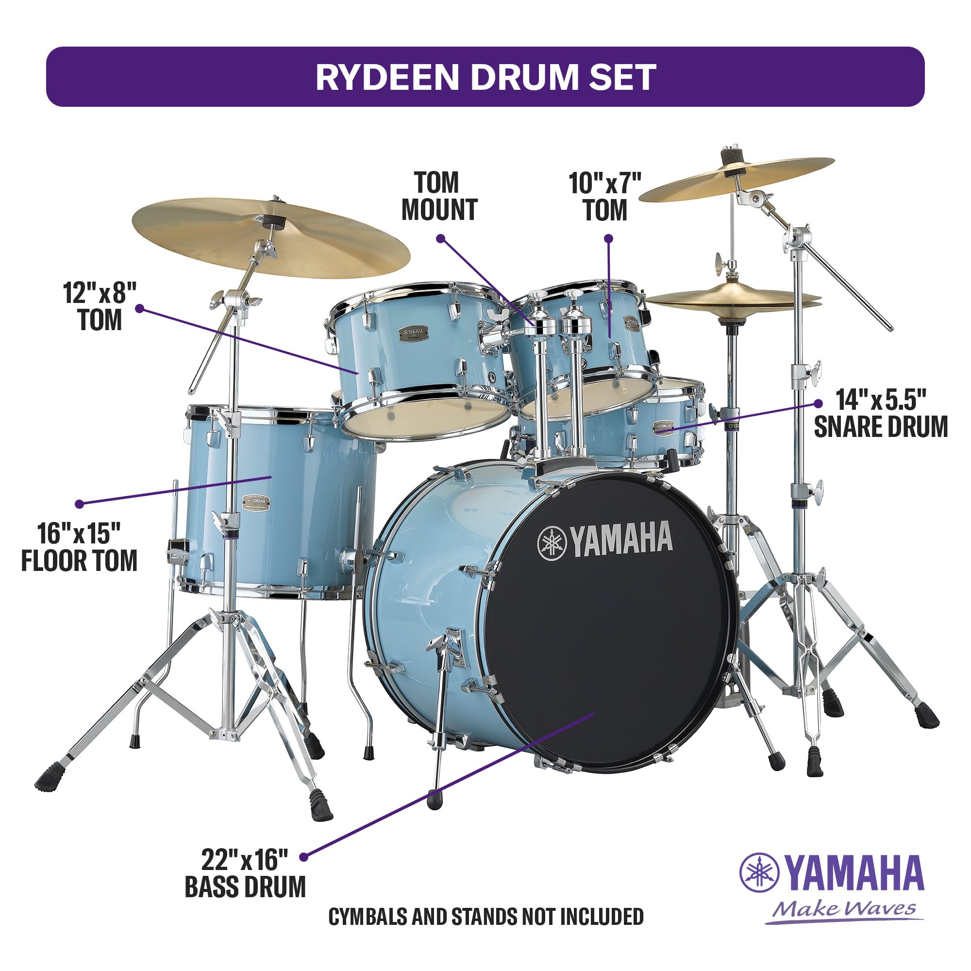 Yamaha Rydeen 5-Piece Drum Set With 22 Bass Drum, Floor Tom, 2 Toms With Ball Clamp And Wood Snare Drum, Gloss Pale Blue