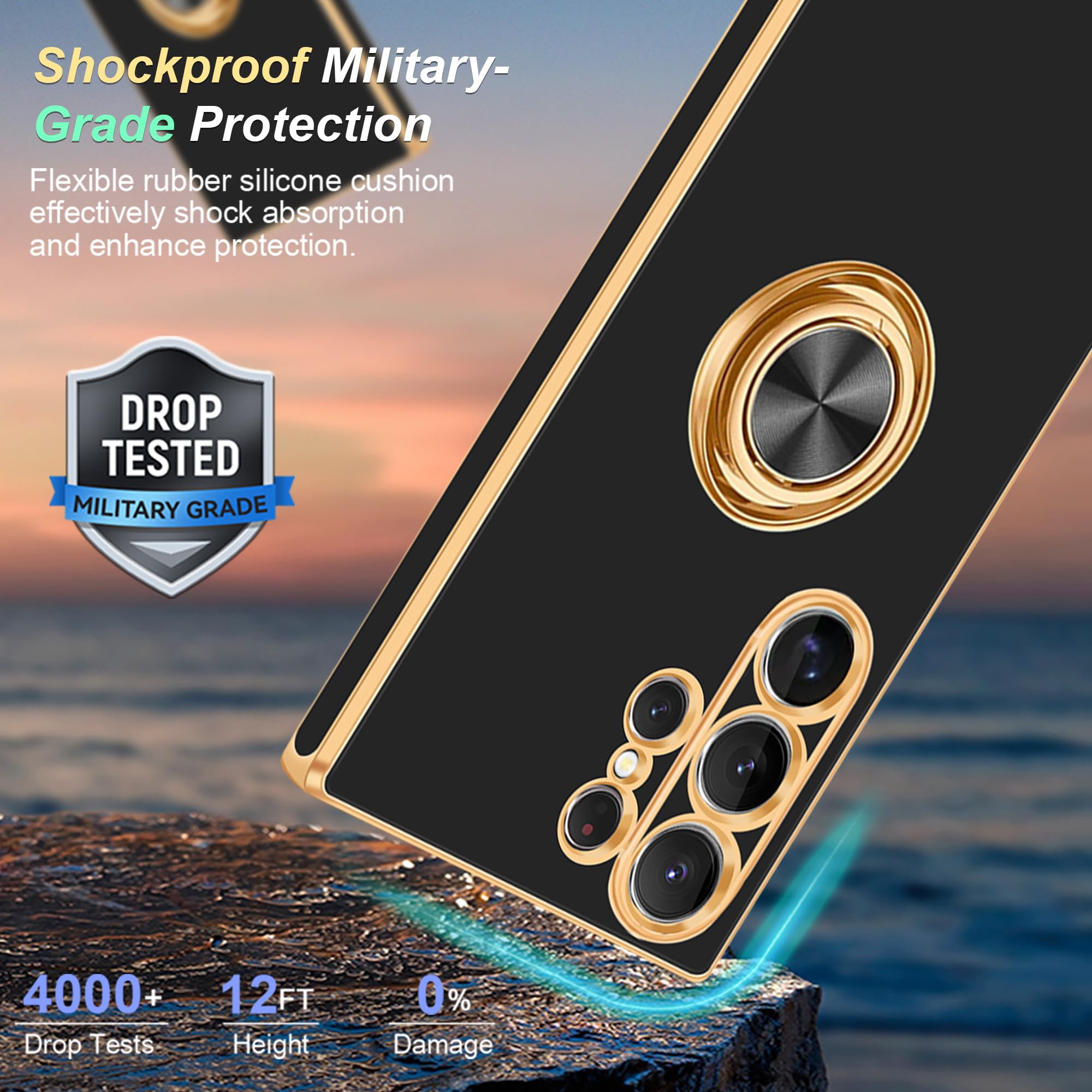 Fingic For Samsung Galaxy S24 Ultra Case[With 360 Ring Holder Stand] [Support Magnetic Car Mount]Kickstand For Women Girl Slim T