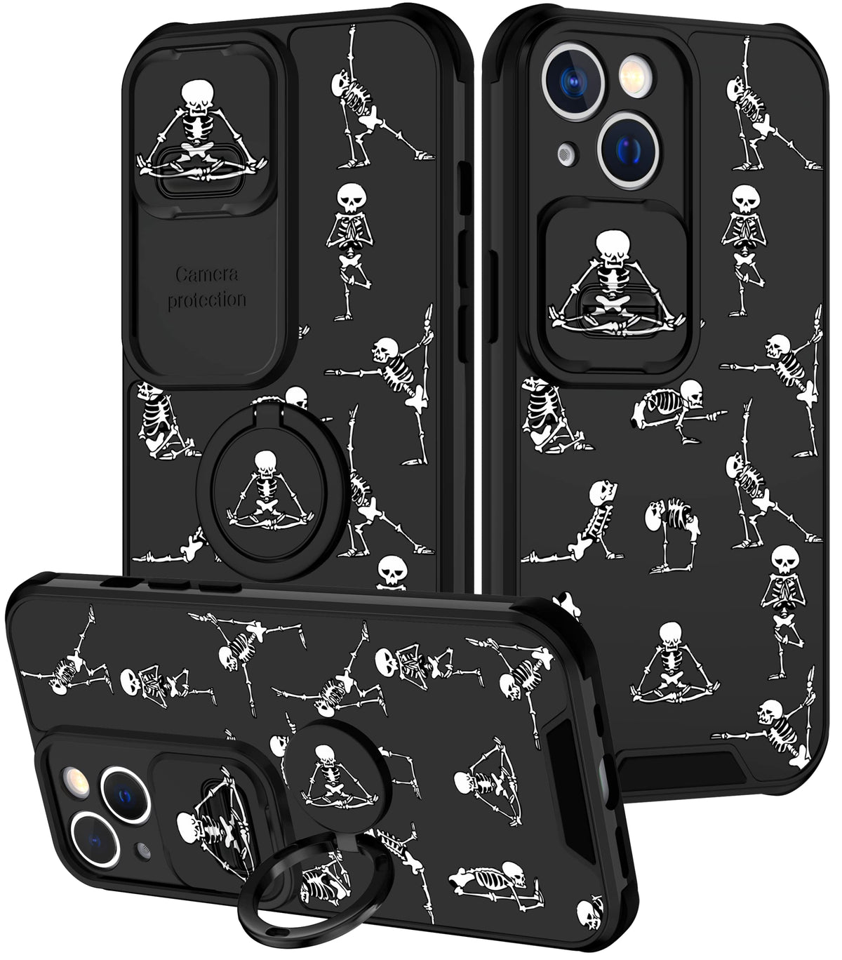 Goocrux (2In1 For Iphone 13 Case Skeleton Yoga Cute Halloween Phone Cover Funny Skull Design With Slide Camera Cover+Ring Black 