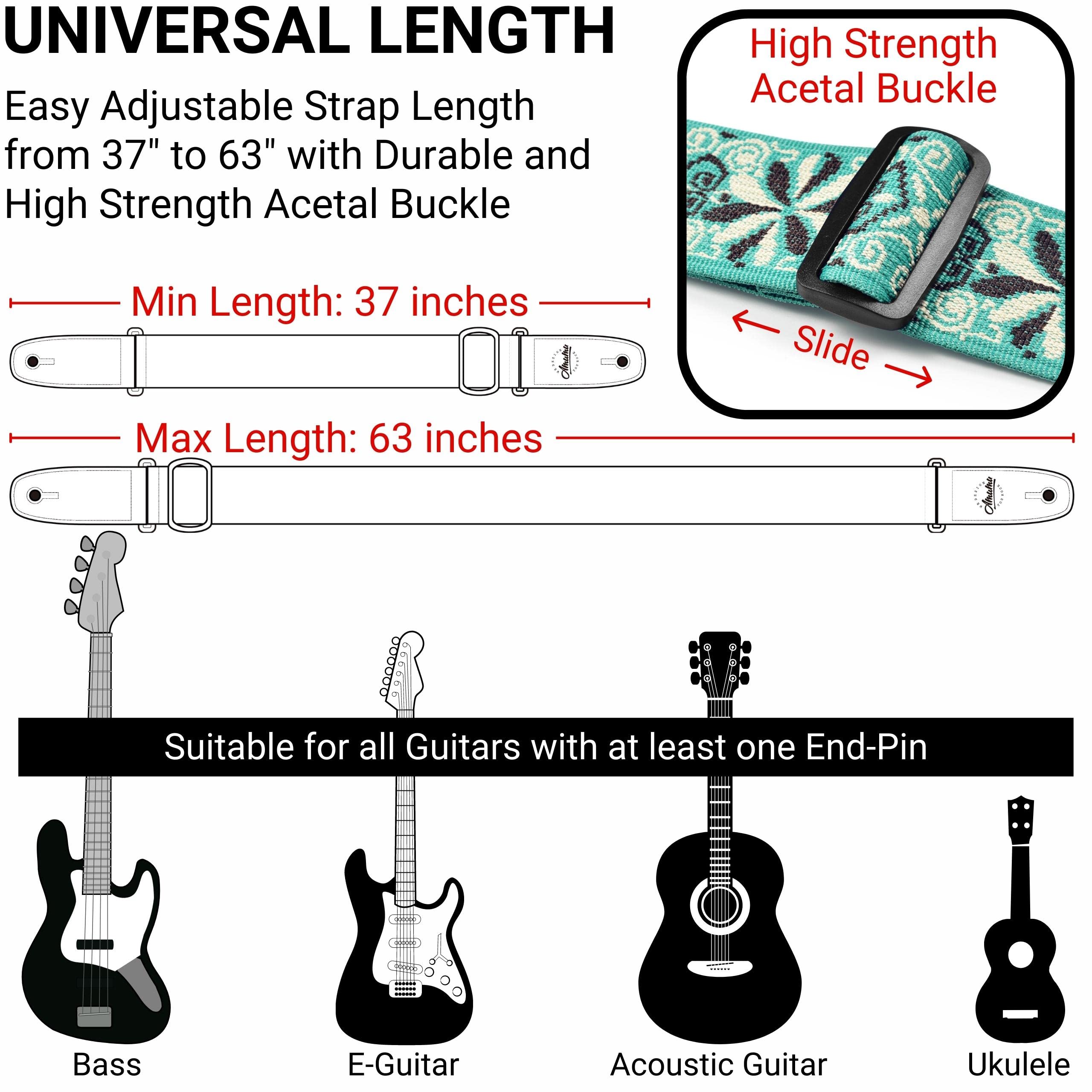 Amumu Hootenanny Jacquard Guitar Strap Green Polyester For Acoustic, Electric And Bass Guitars With Lace Tie