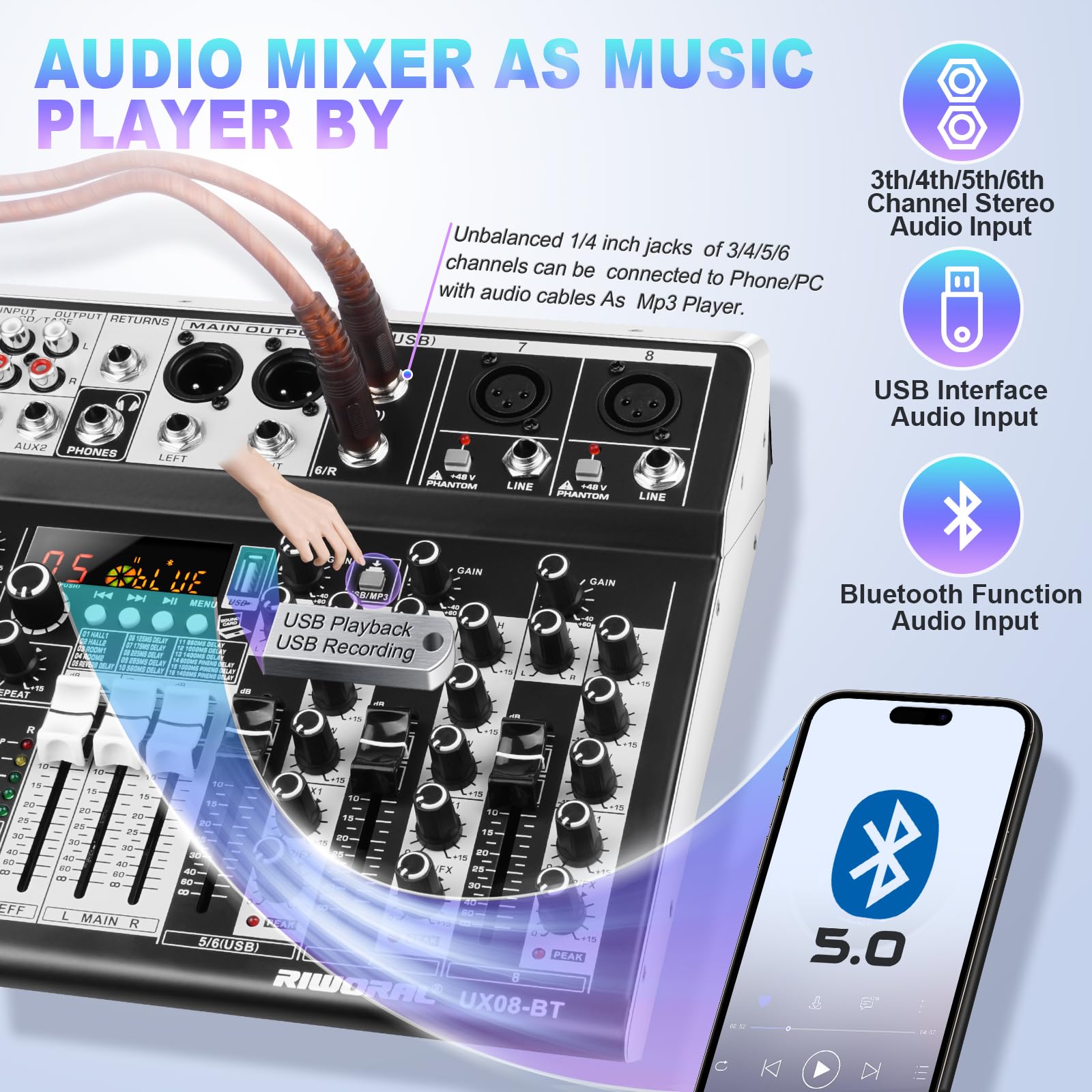 8 Channel Audio Mixer Dj Mixer Sound Board Console 16 Dsp Usb Audio Interface Mp3 Input +48V Phantom Bluetooth Studio Mixer Audi