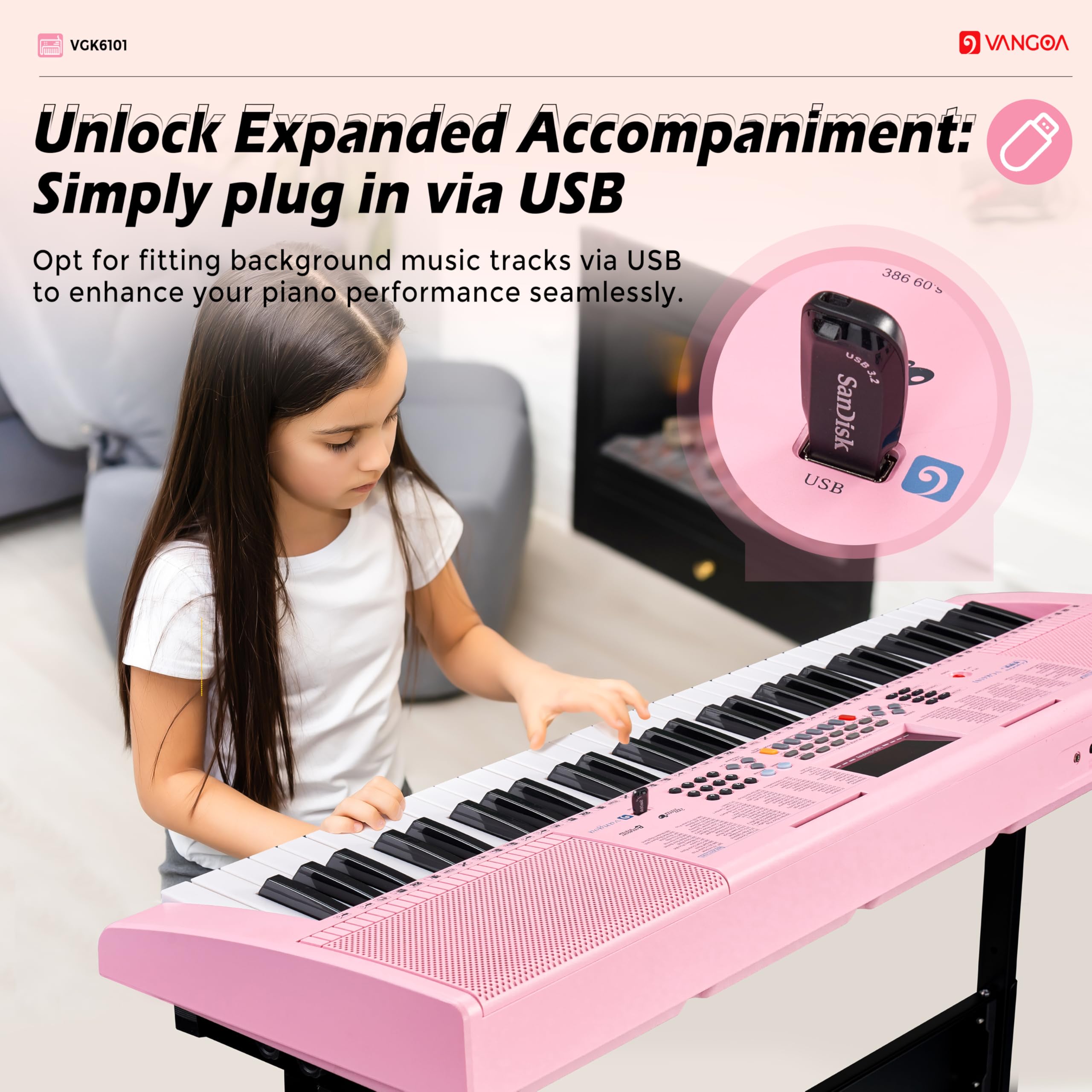 Vangoa Pink Piano Keyboard 61 Key, Electric Keyboard Kit Portable Music Keyboard For Kids Students With Microphone, 600 Tones, 4