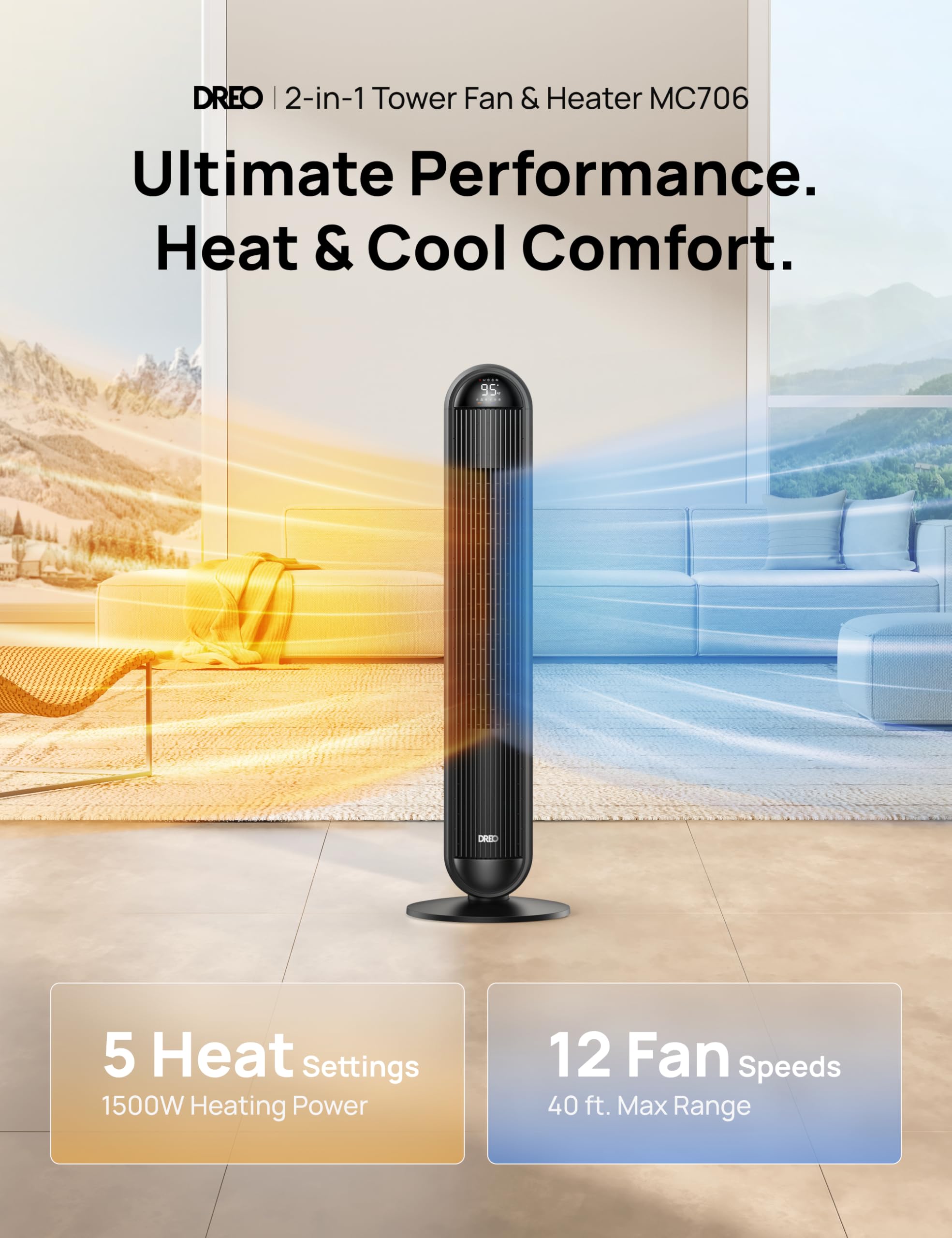 Dreo Heater Fan, 42 Electric Heaters For Indoor Use With Thermostat, 5 Heat & 12 Fan Levels, 120 Oscillation, 12H Timer, 25Db Qu