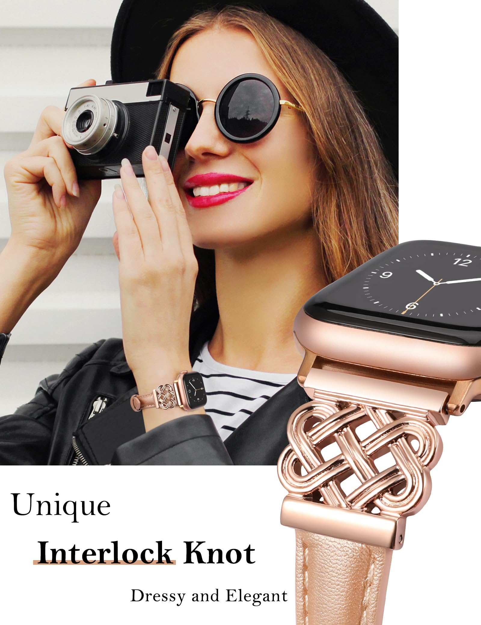 Toyouths Leather Band Compatible With Apple Watch Bands Women 42/44/45/46/49Mm Dressy Slim Thin Leather Strap With Designer Inte