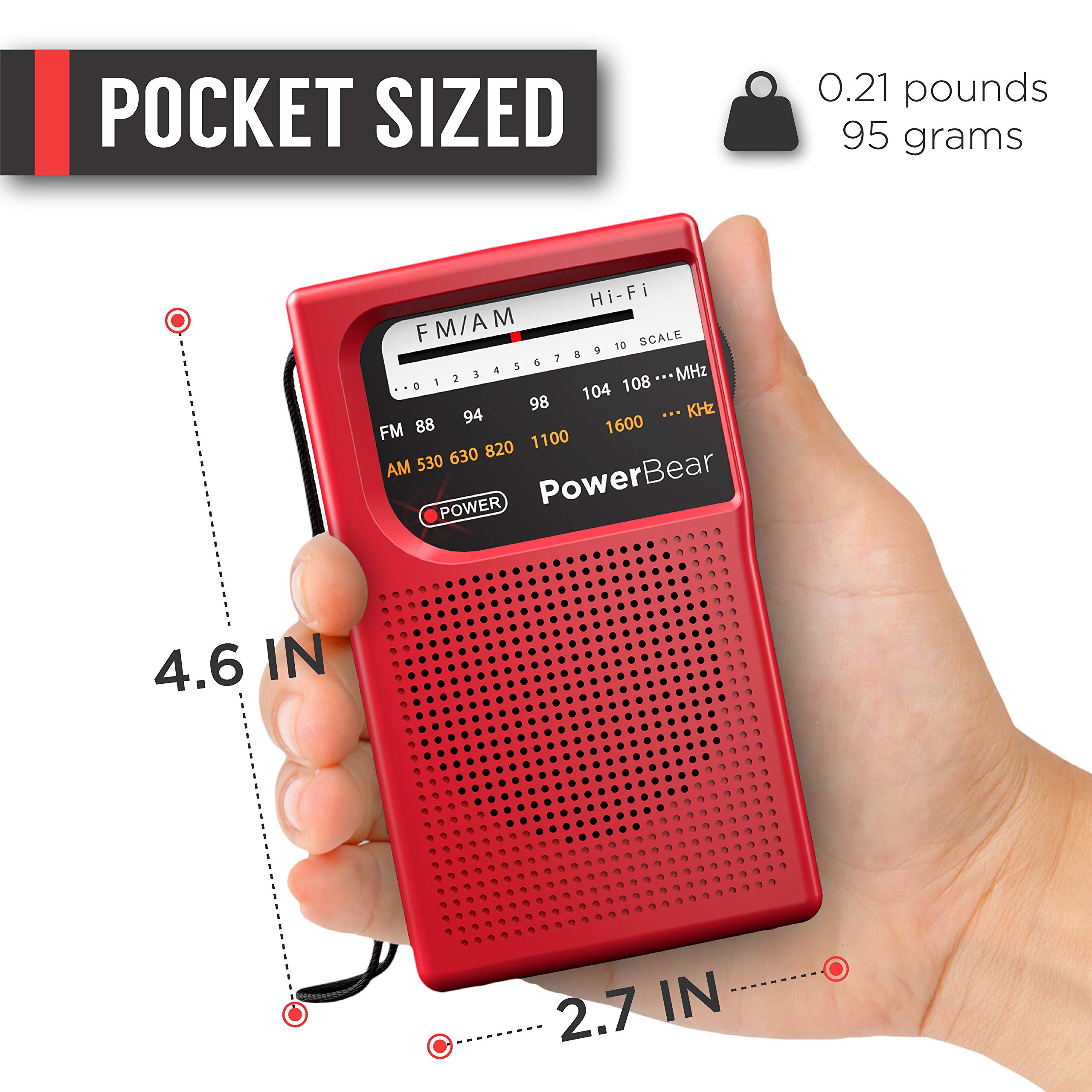 Powerbear Portable Radio | Am/Fm, 2Aa Battery Operated With Long Range Reception For Indoor, Outdoor & Emergency Use | Radio Wit