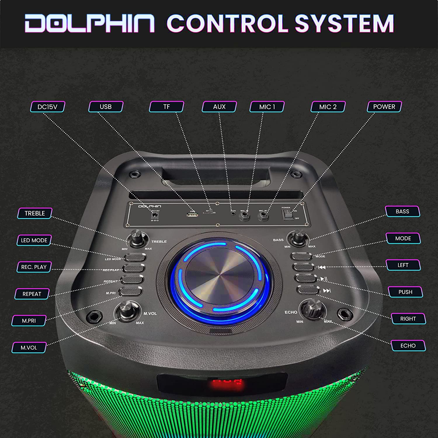 Dolphin Spf 1212R Powerful Sound & Bass | Portable Rechargeable Big Party Speaker | Dual 12', 3X 1 Tweeters | Led Party Lights, Handles And Wheels