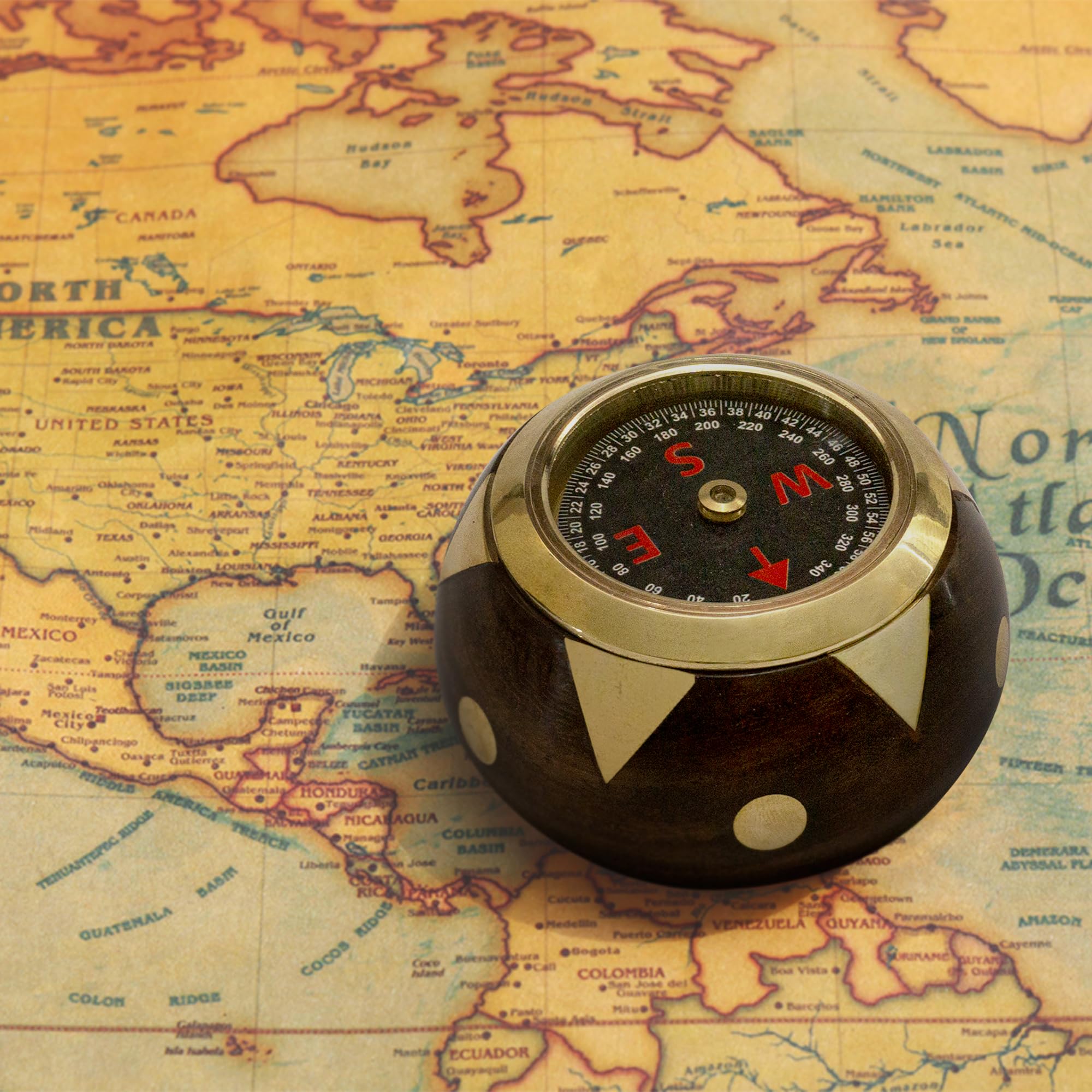 Handtooled Handcrafted Brass & Hardwood Desk Compass   Nautical Collection