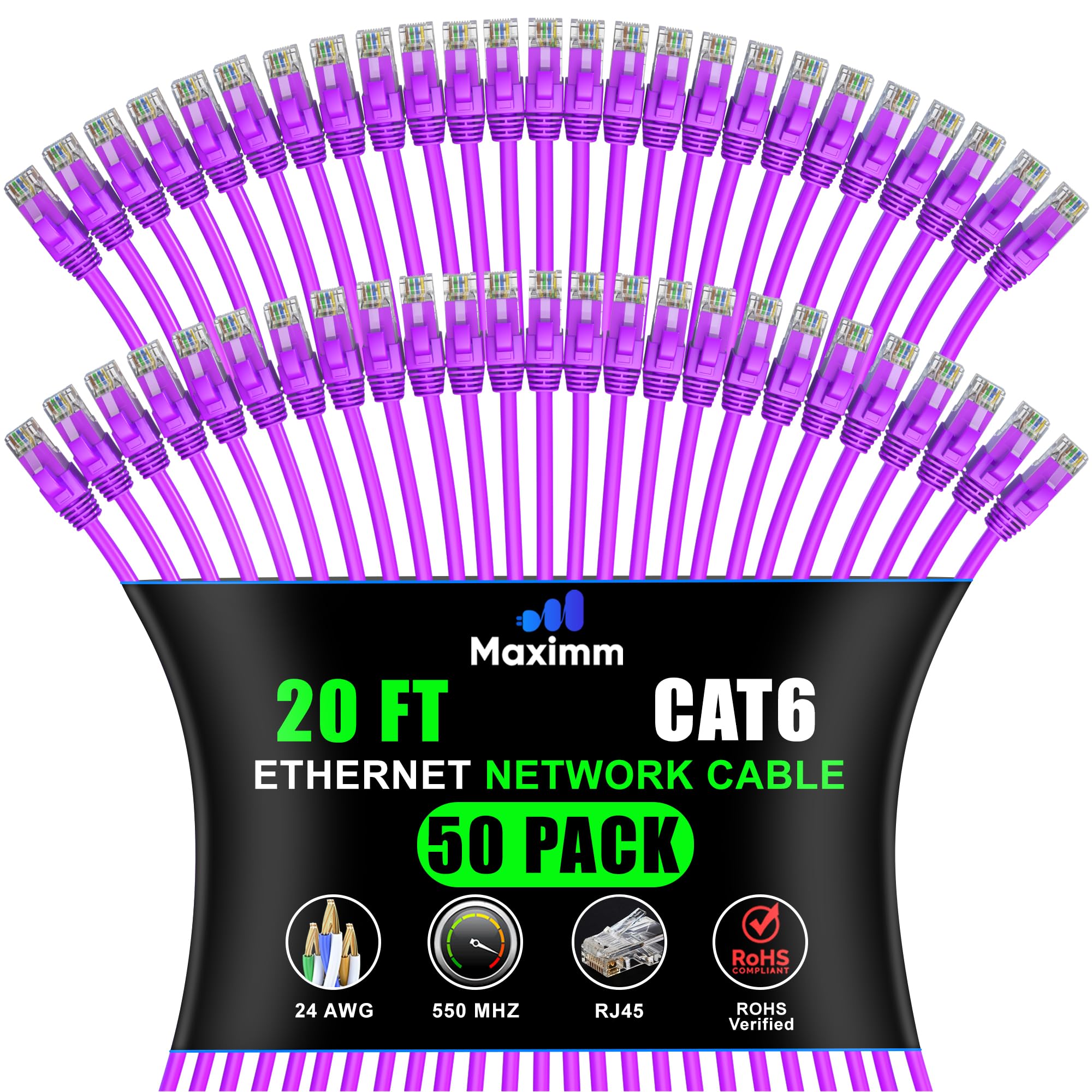 Maximm Cat 6 Ethernet Cable 20 Ft, (50-Pack) Cat6 Cable, LAN Internet and Network - UTP (Purple) 20 Feet