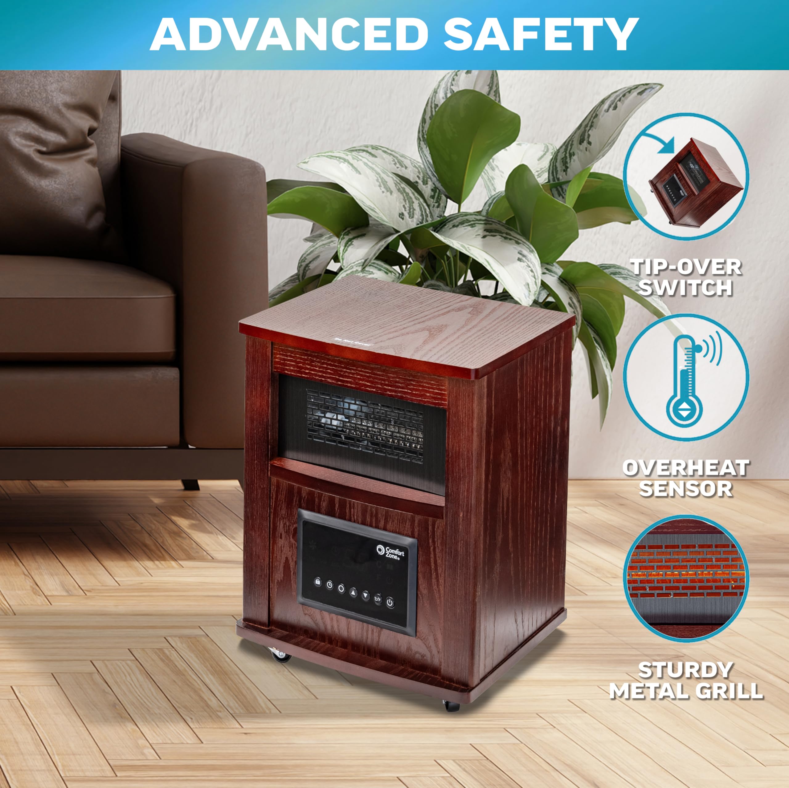 Comfort Zone Wood Cabinet Space Heater With Remote, 16 Inch, Adjustable Thermostat, Digital Display, Overheat Protection, Electr