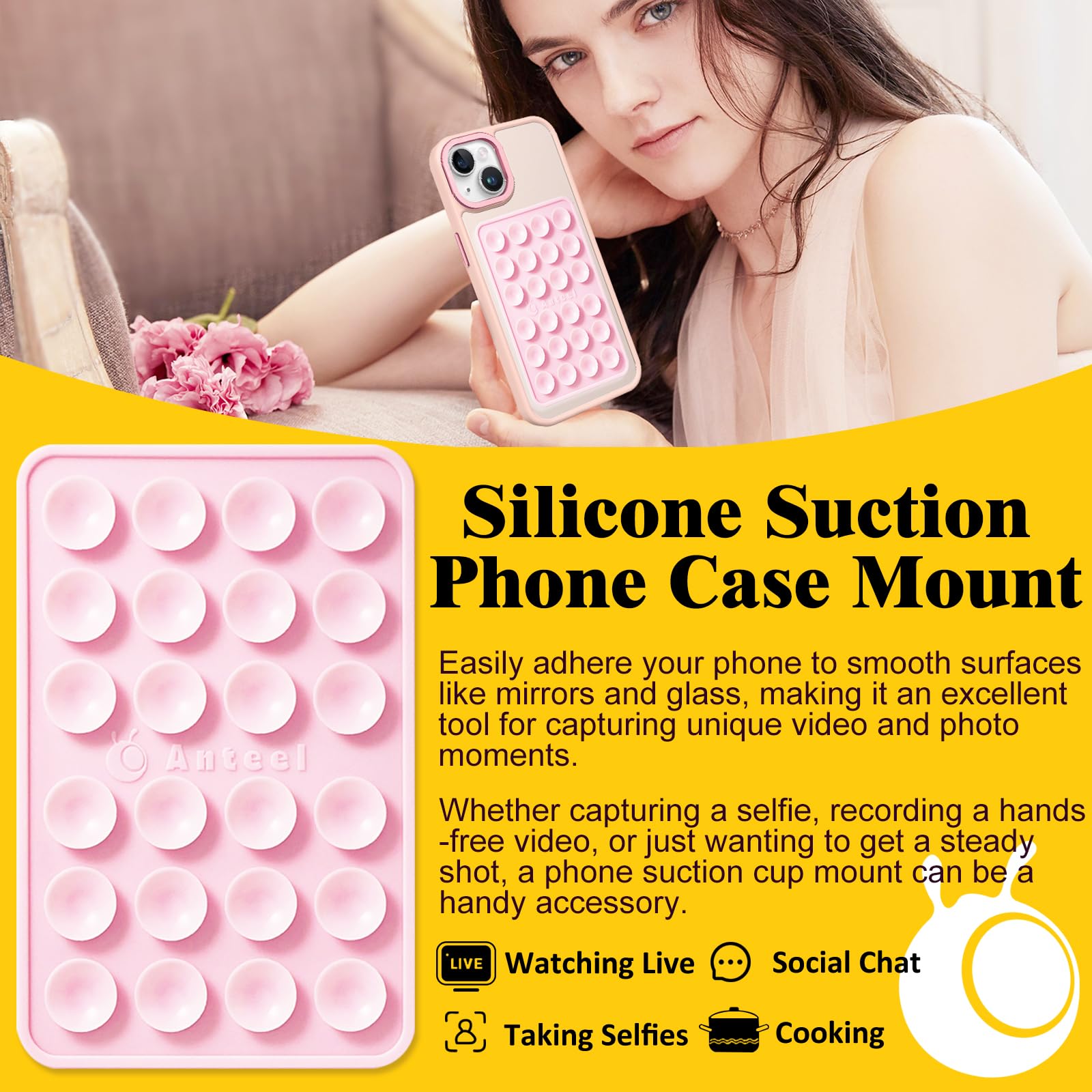 Anteel Max Silicone Suction Phone Case Adhesive Mount, Upgraded Super Strong Grip, Durable, Easy To Use, Hands-Free Sticky Phone