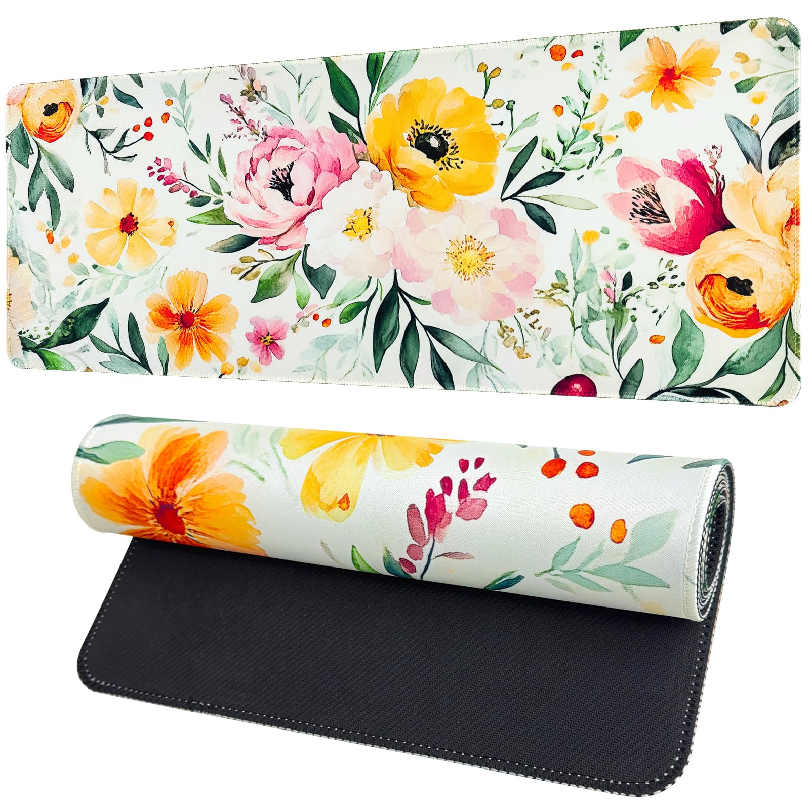 Vanzard Spring Floral Desk Mat,Cute Large Mouse Pad for Desk, Flower Computer Mousepad with Non-Slip Rubber Base,Girly Keyboard 