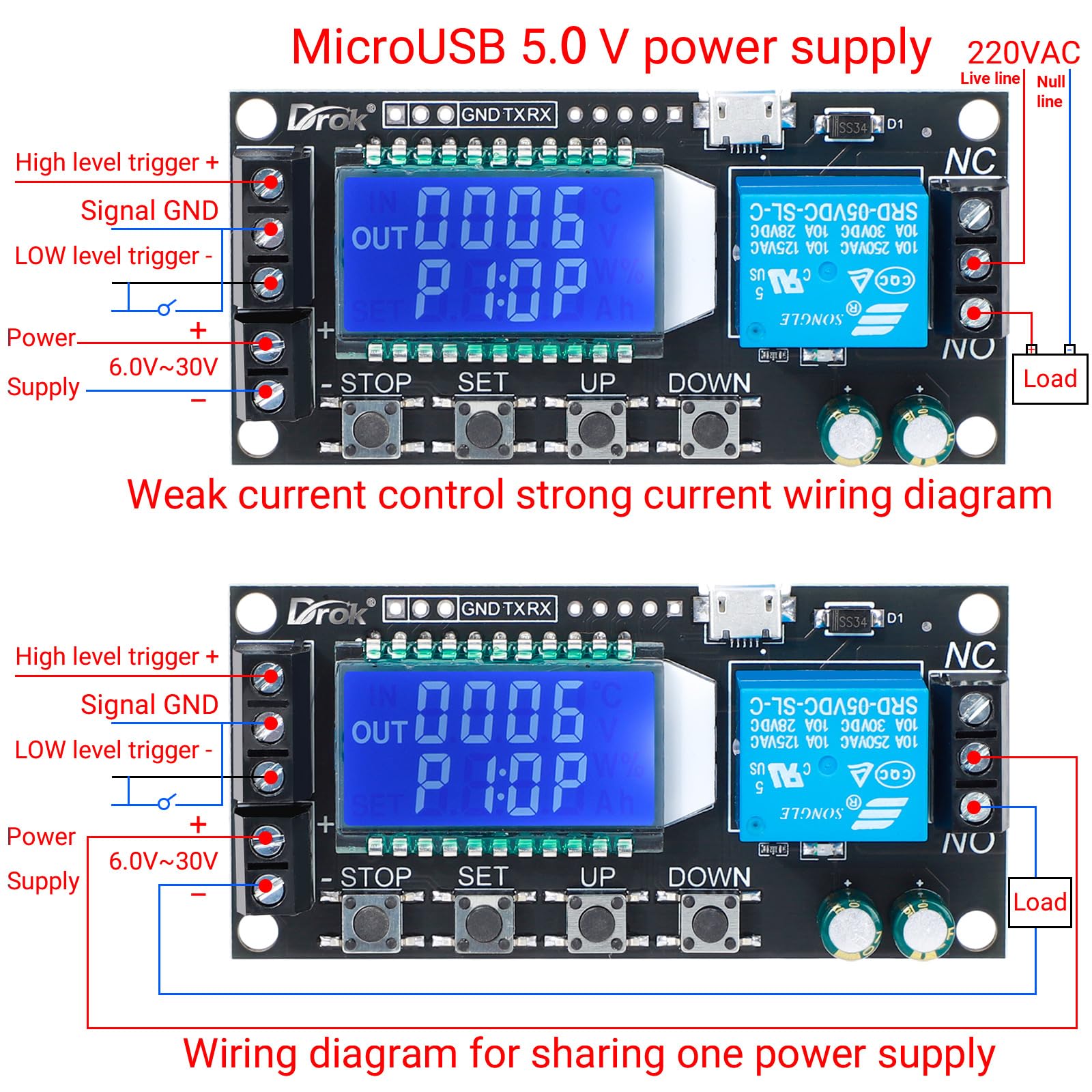 Drok Time Delay Relay 2Pcs Controller Dc 5V 12V 24V Module Adjustable Trigger Delay Switch Board With Lcd Display Support Micro