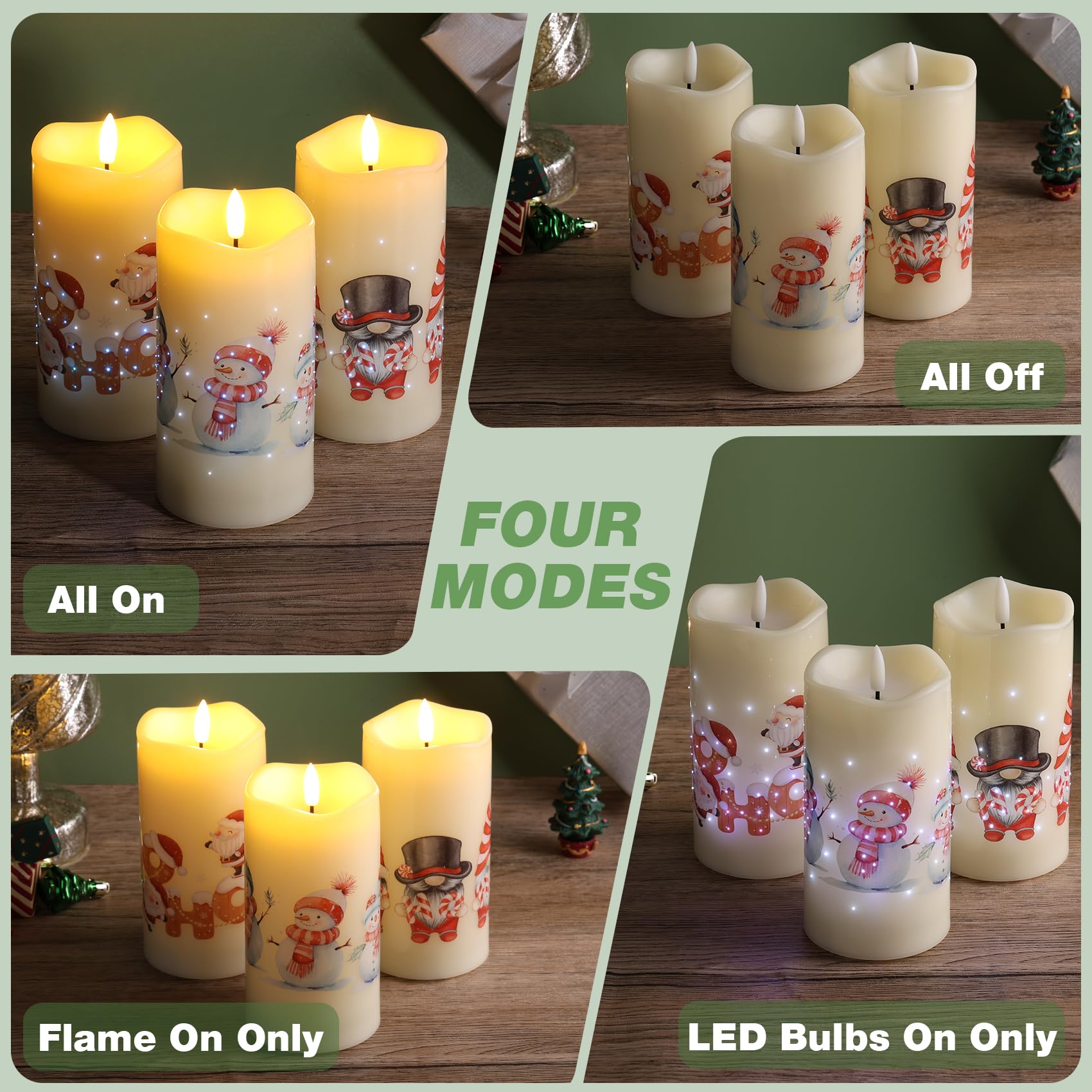 Eywamage Santa Snowman Gnomes Christmas Flameless Candles With Remote, Fiber Optic Battery Led Pillar Candles Set Of 3