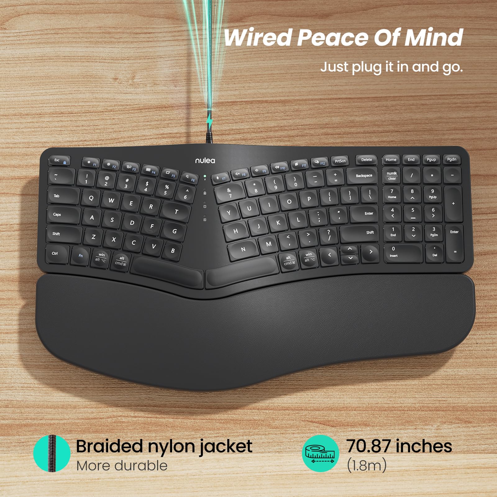 Nulea RT05C Wired Ergonomic Split Keyboard with Wrist Rest, Adjustable Tilt, USB, Black, Compatible with Windows/Mac