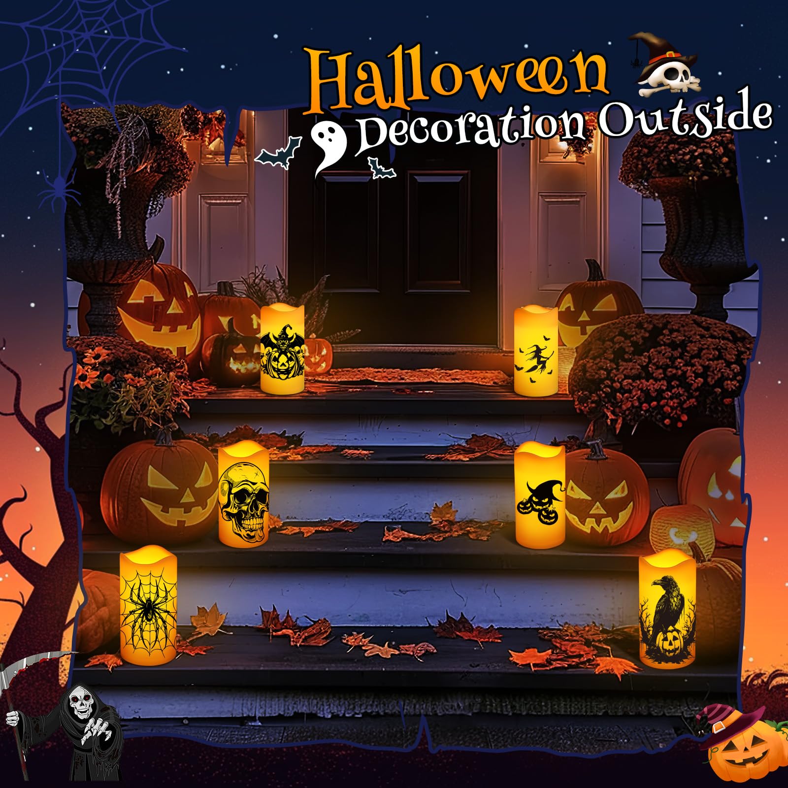 Halloween Decorations Indoor Flameless Candles Battery Operated Not Included Flickering Lights With Skull Spider Webs Crow Pumpk