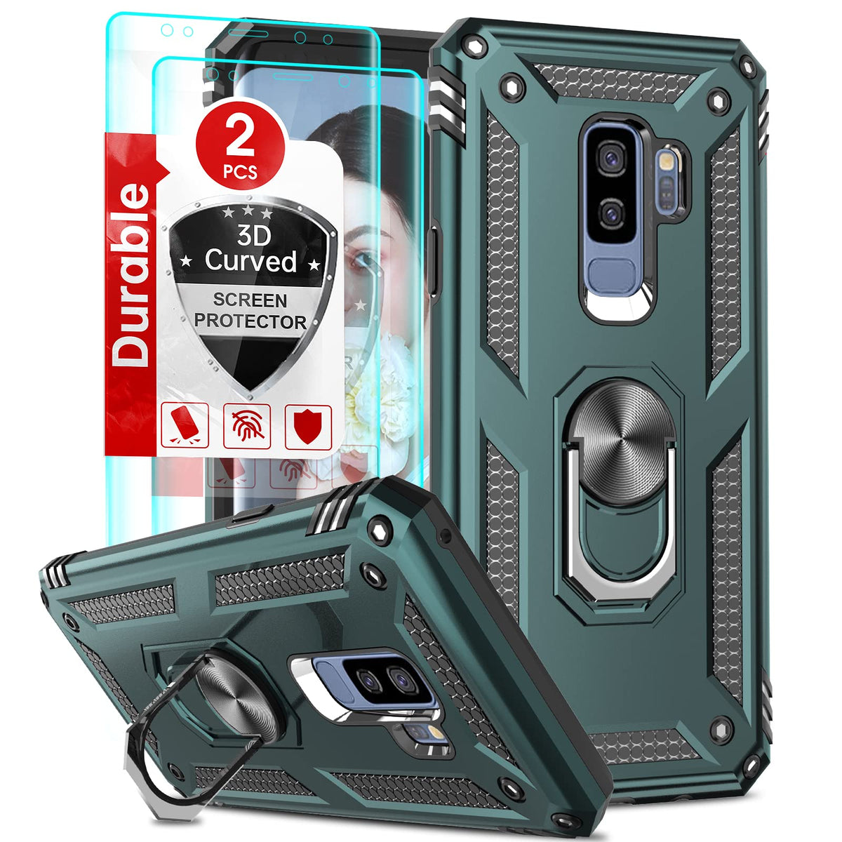 Leyi For Galaxy S9 Plus Phone Case, Samsung Galaxy S9 Plus Case With [2 Pack] 3D Curved Screen Protector For Men Women, [Militar