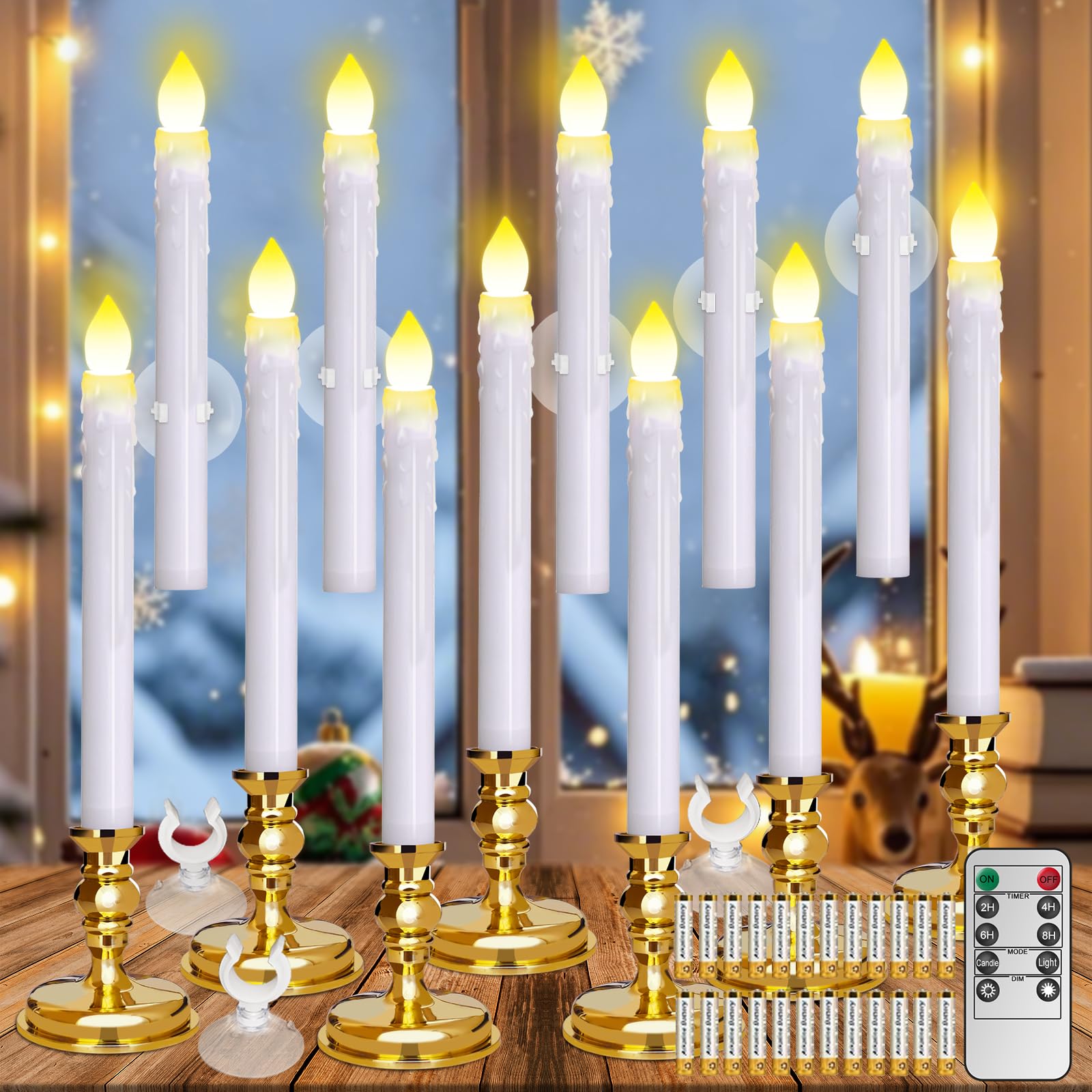 12 Pack Flameless Led Window Candles With Drip Texture,Removable Candle Holders,24 Aaa Batteries,Daily Timer,On/Off Remote,12 Wi
