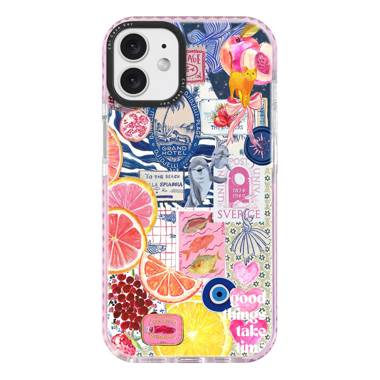 ChiCaseVer for iPhone 12 mini Case,Expressive Y2K Citrus Coastal Sea Vintage Collage Design Blue Trendy Pattern Aesthetic Style,