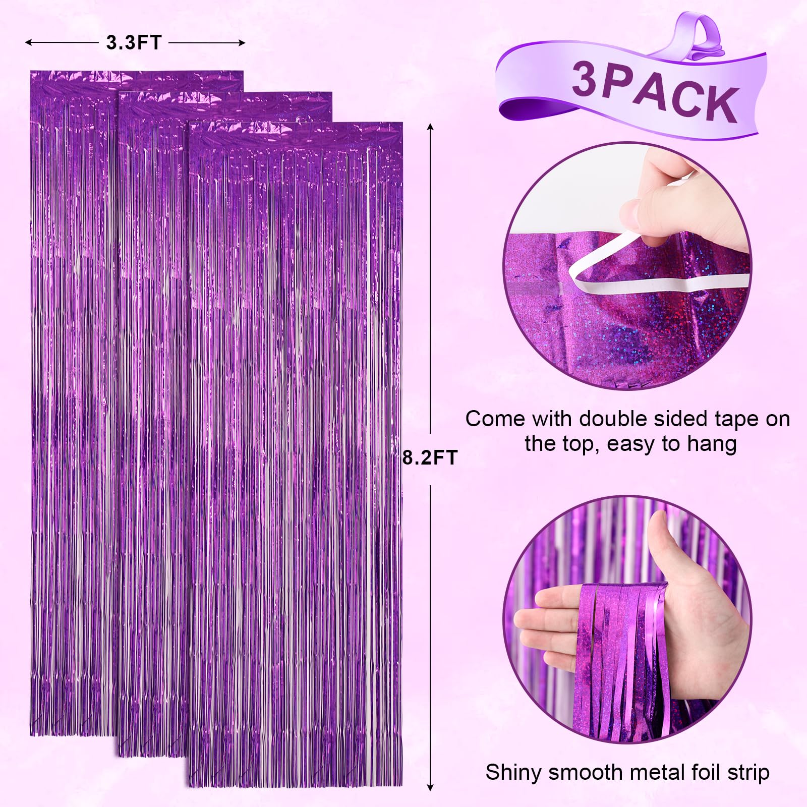 Voircoloria 3 Pack 3.3 X 8.2 Ft Laser Purple Foil Fringe Backdrop Curtains, Tinsel Streamers Birthday Party Decorations, Fringe