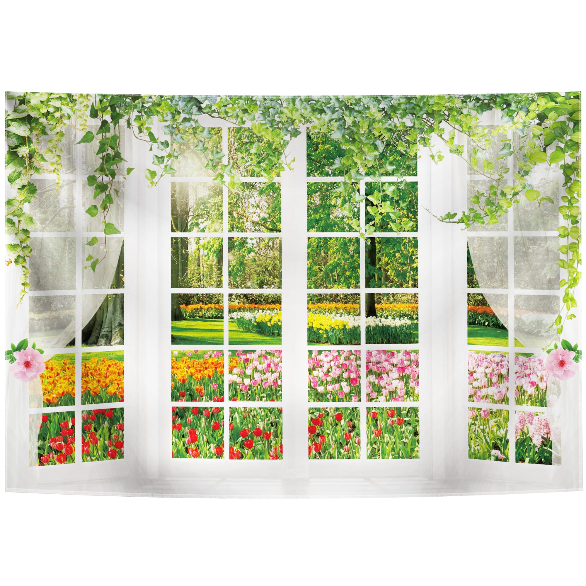 Hilioens 7  5Ft Spring Window Backdrop White Windowsill Floral Scenery Photography Background Forest Green Grass Natural Newborn