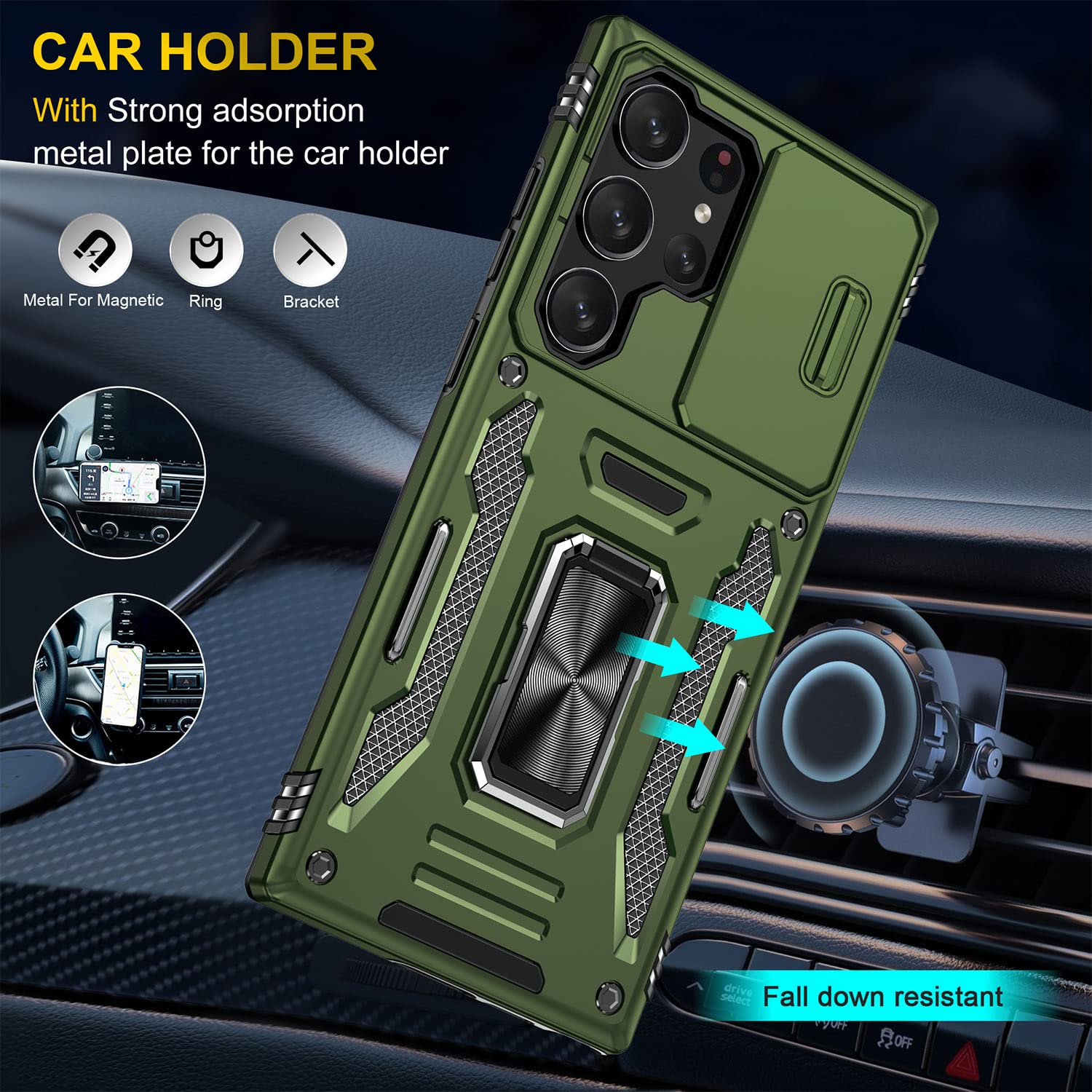 SEFING Phone Case Samsung Galaxy S23 Ultra with Camera Lens Cover Ring Kickstand TPU Olive Green