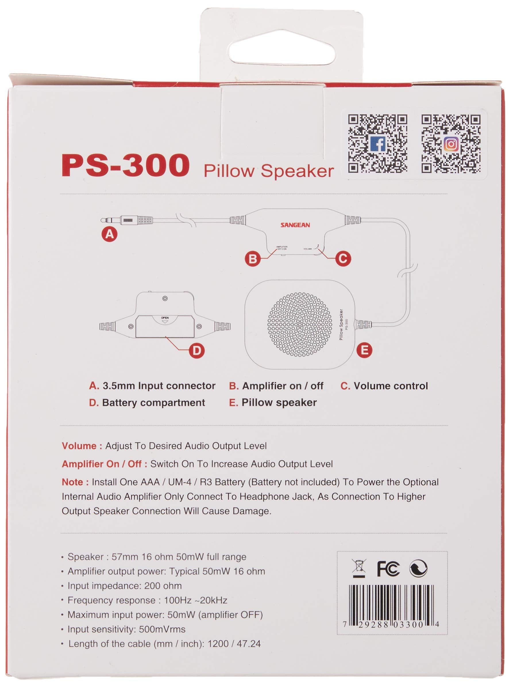 Sangean Ps-300 Pillow Speaker With In-Line Volume Control And Amplifier (White)