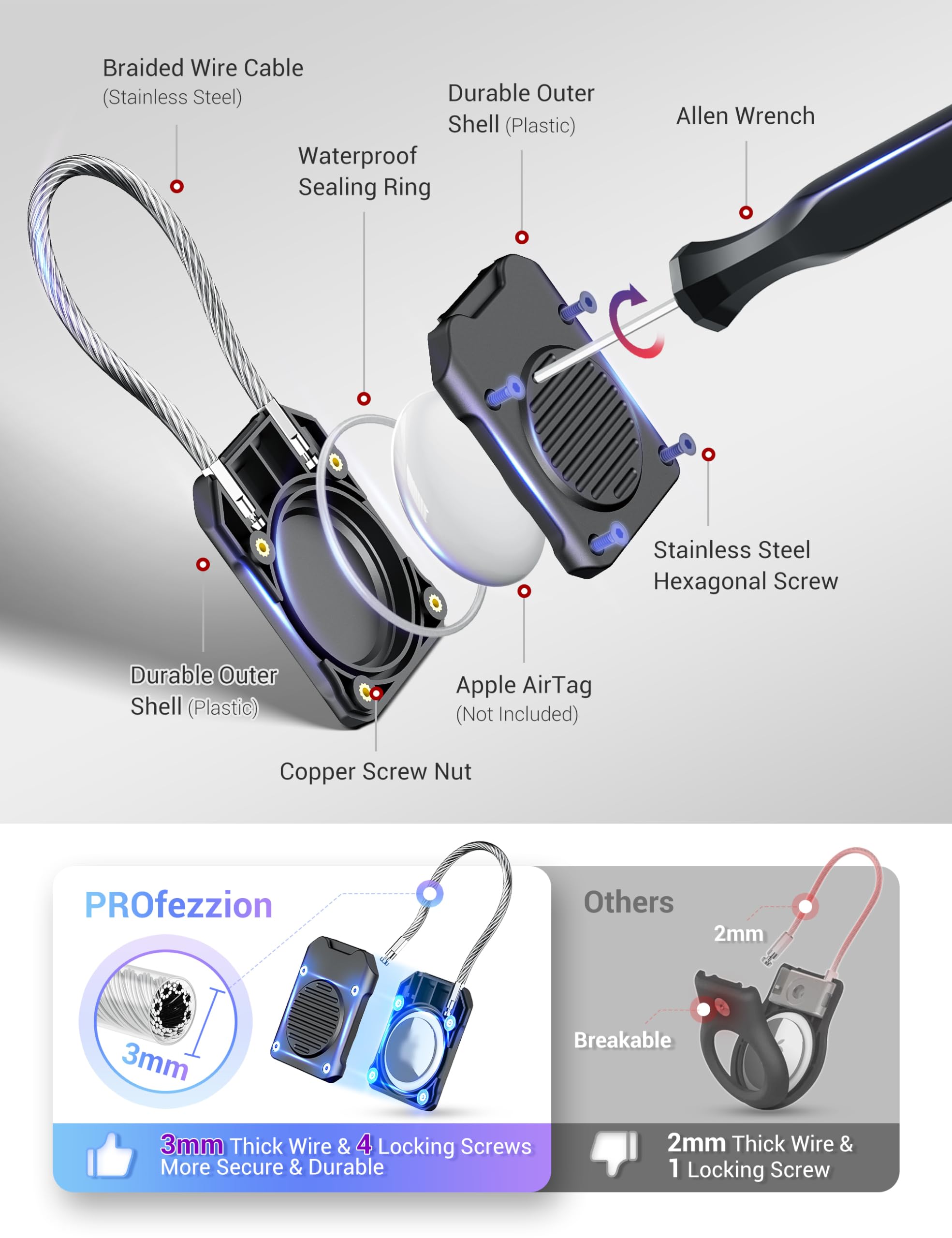 PROfezzion Air Tag Holder - IPX8 Waterproof Hard Shell Case with Metal Wire Cable for Luggage, Backpack, Keys - Black, Model AT-PC2