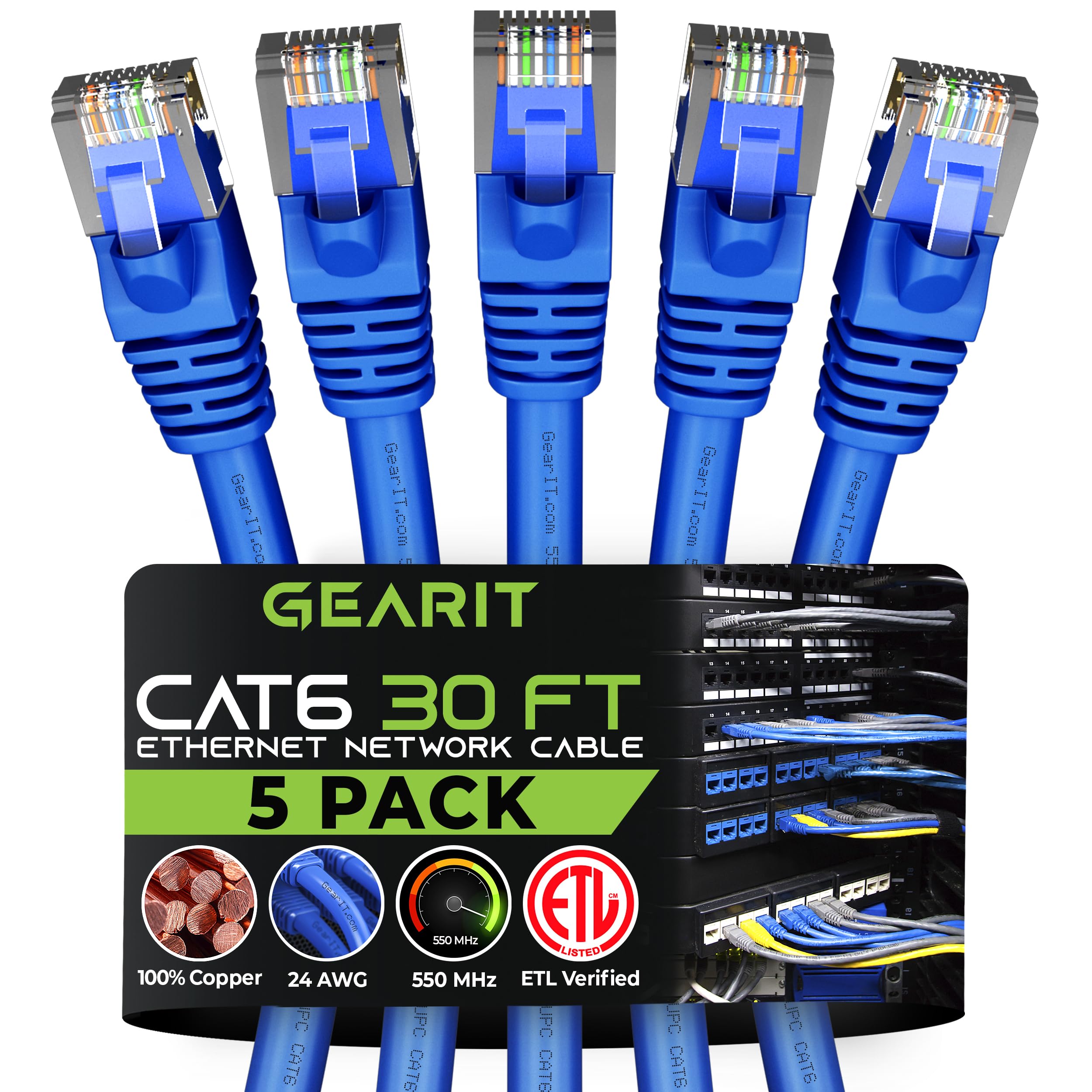 GEARit Cat 6 Ethernet Cable Pack - 5-Pack 30 ft Cat6 Ethernet Patch Cables | RJ45 Network Patch Cable, 10 Gbps Snagless Gold-Pla