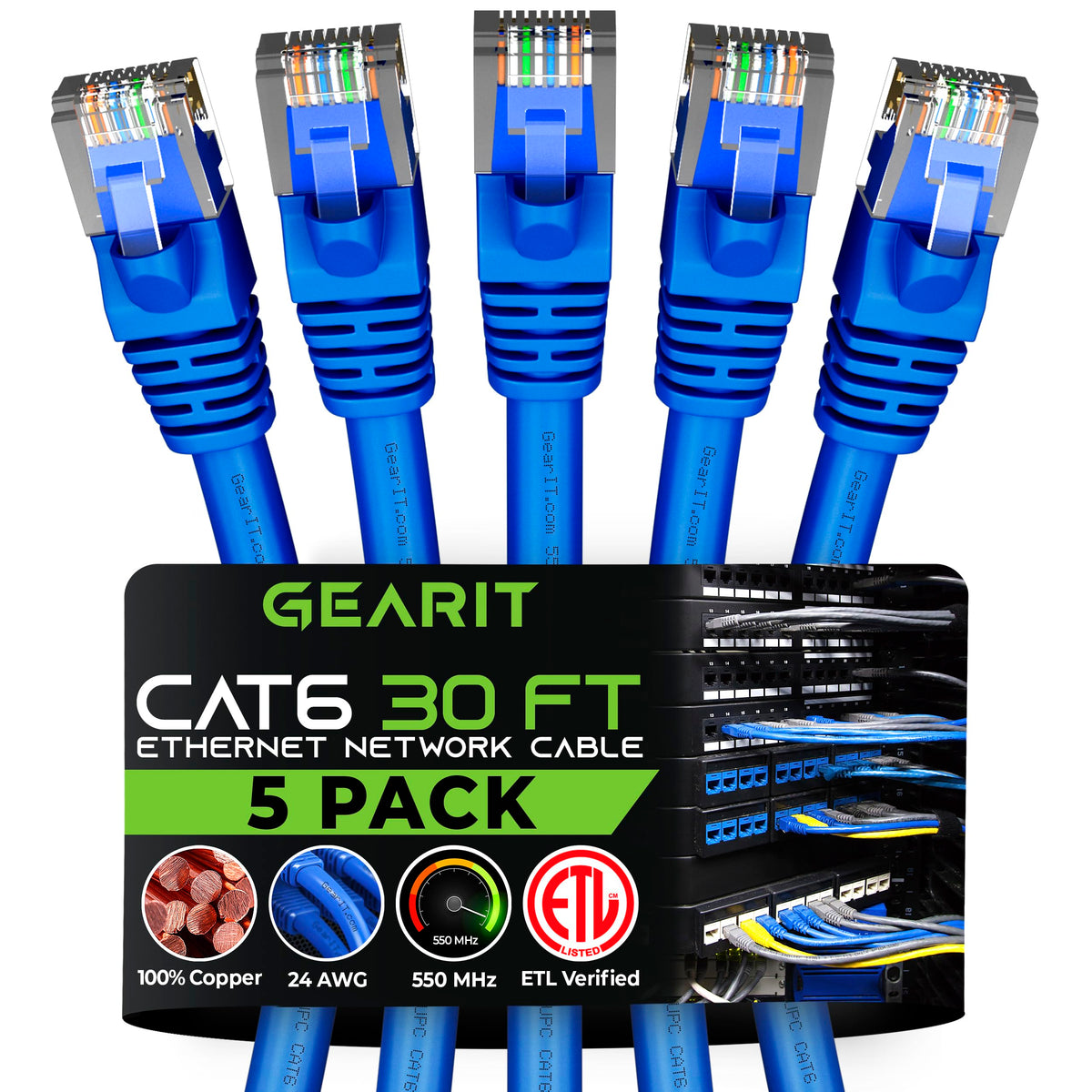 Gearit 5 Pack, Cat 6 Ethernet Cable Cat6 Snagless Patch 30 Feet   Computer Lan Network Cord, Blue   Compatible With 5 Port Switc