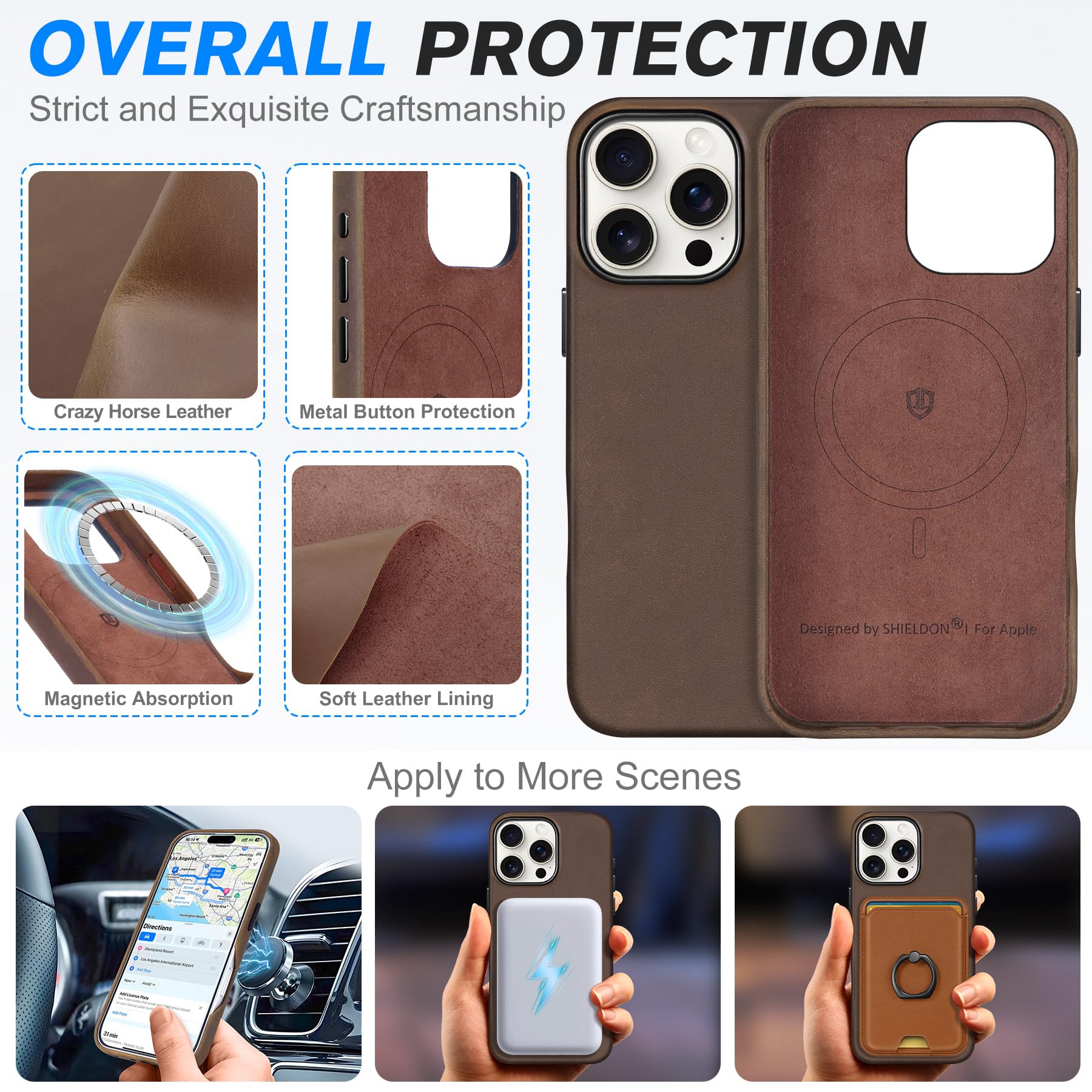 Shieldon Case For Iphone 16 Pro Max 6.9'' 5G, Top Grain Crazy Horse Leather Magnetic Wireless Charging Anti-Scratch Non-Slip Cas