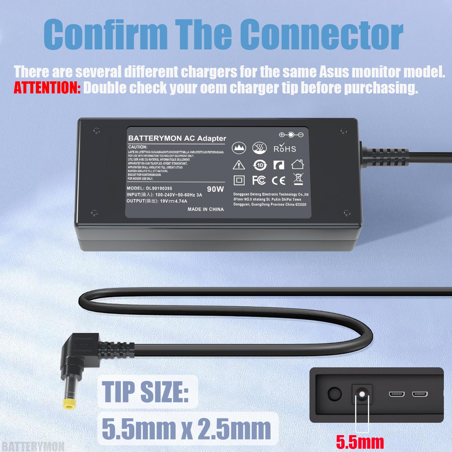 19V Monitor Power Adapter Cord For Asus Vg278Q Vg278 Vg279 Vg279Q Vg245H Vg245 Vg248Qe Vx248 Vx248H Vx228 Vx228H Vx279H Mx239H Mx279H Ls246H Lcd, Asus 27'' 24'' 23'' 22'' Gaming Monitor Charger